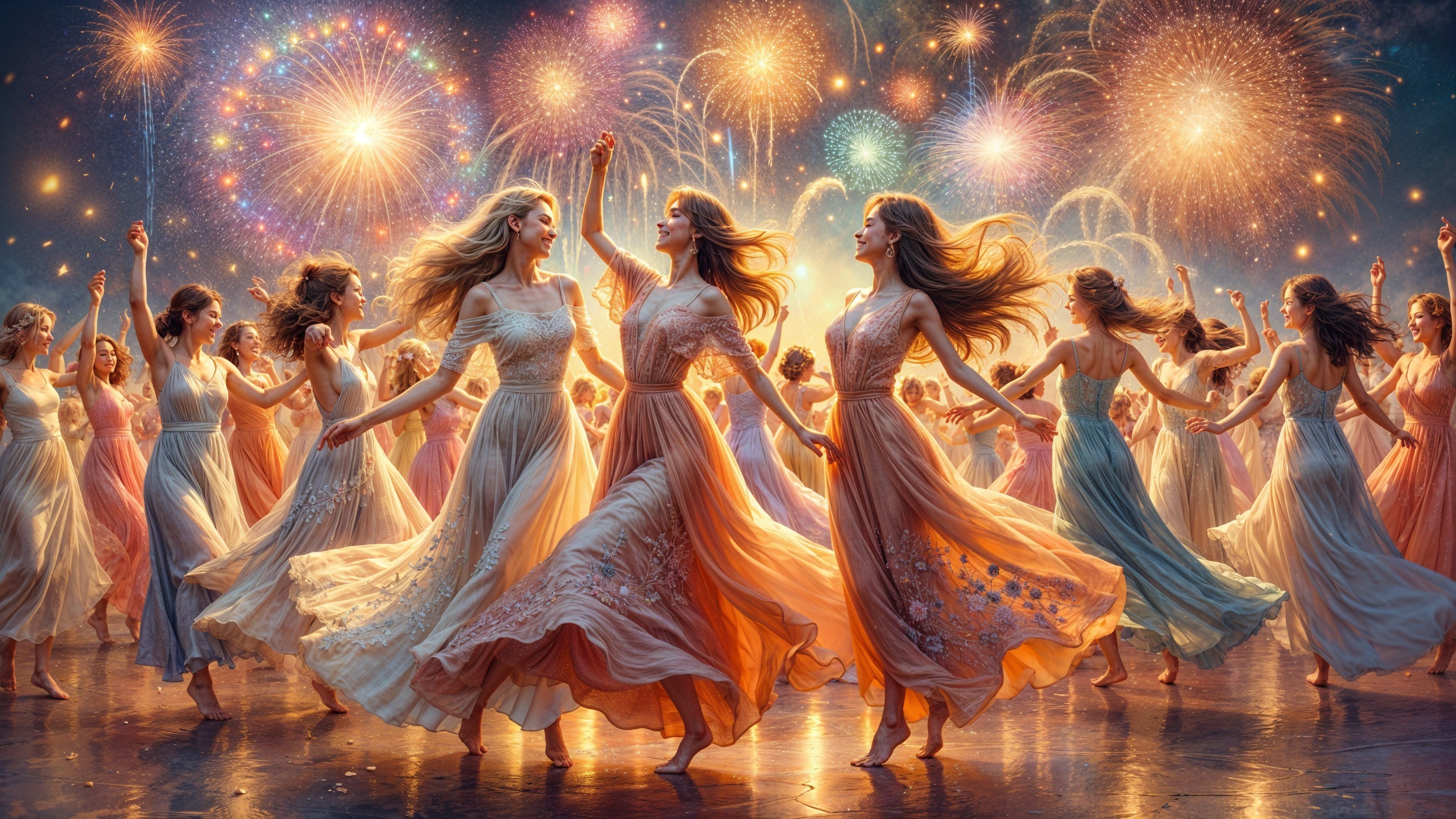 Joyous Celebration with Women Dancing Under Fireworks
