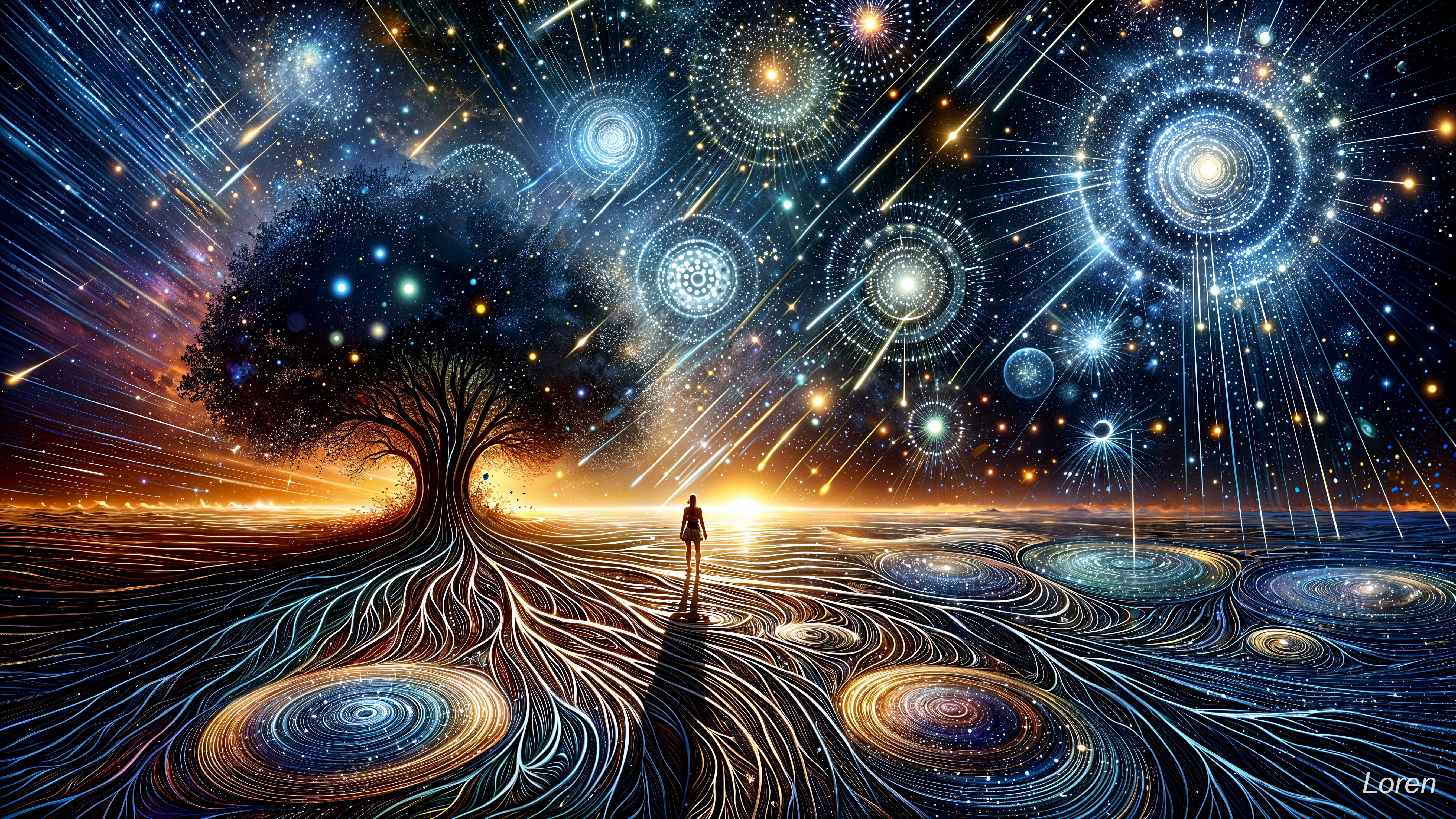 Surreal Cosmic Landscape with Solitary Figure and Tree