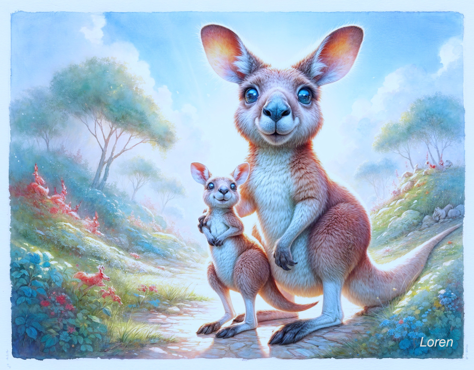 Kangaroo and Joey in a Sunlit Forest Setting