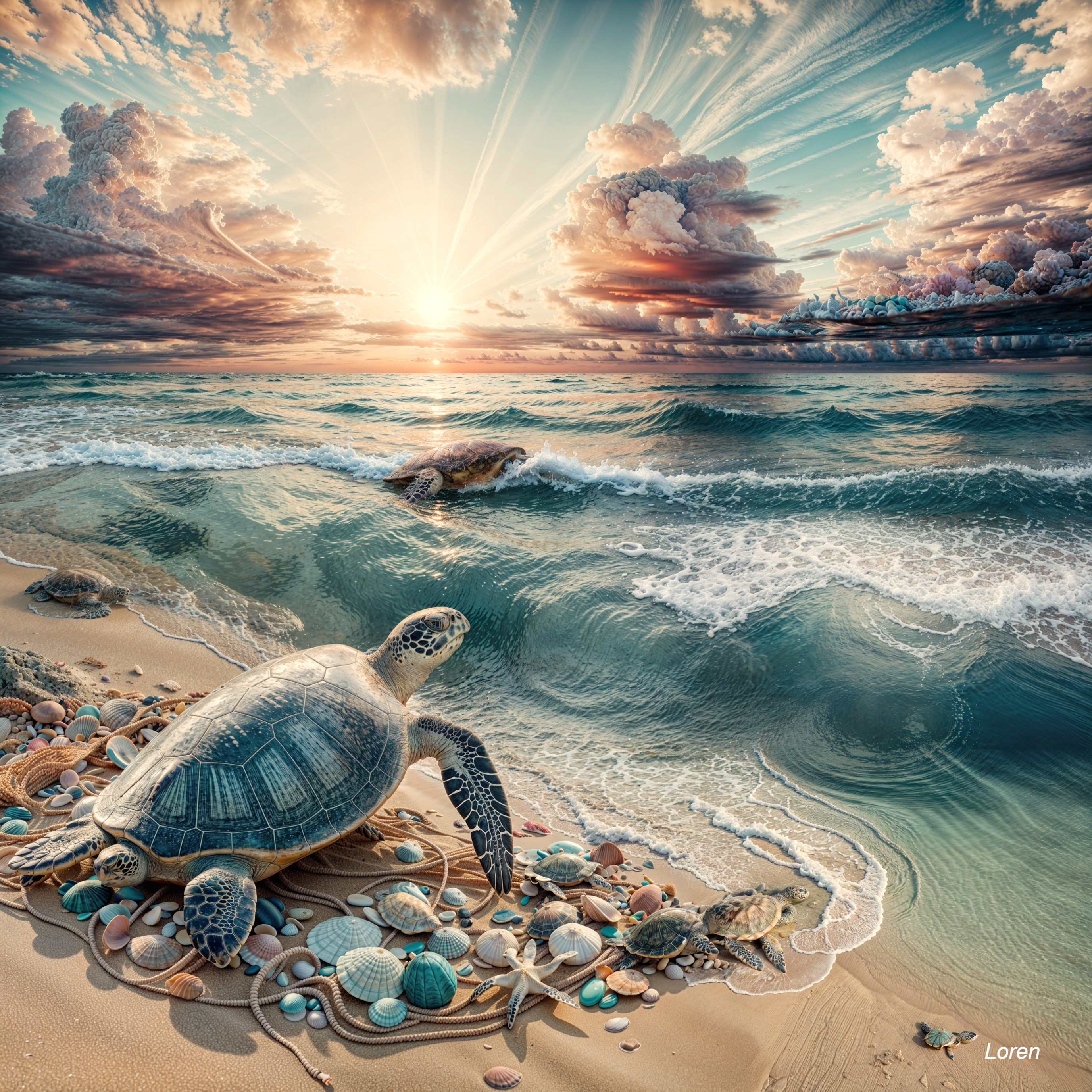Serene Beach Scene with Sea Turtles at Sunset