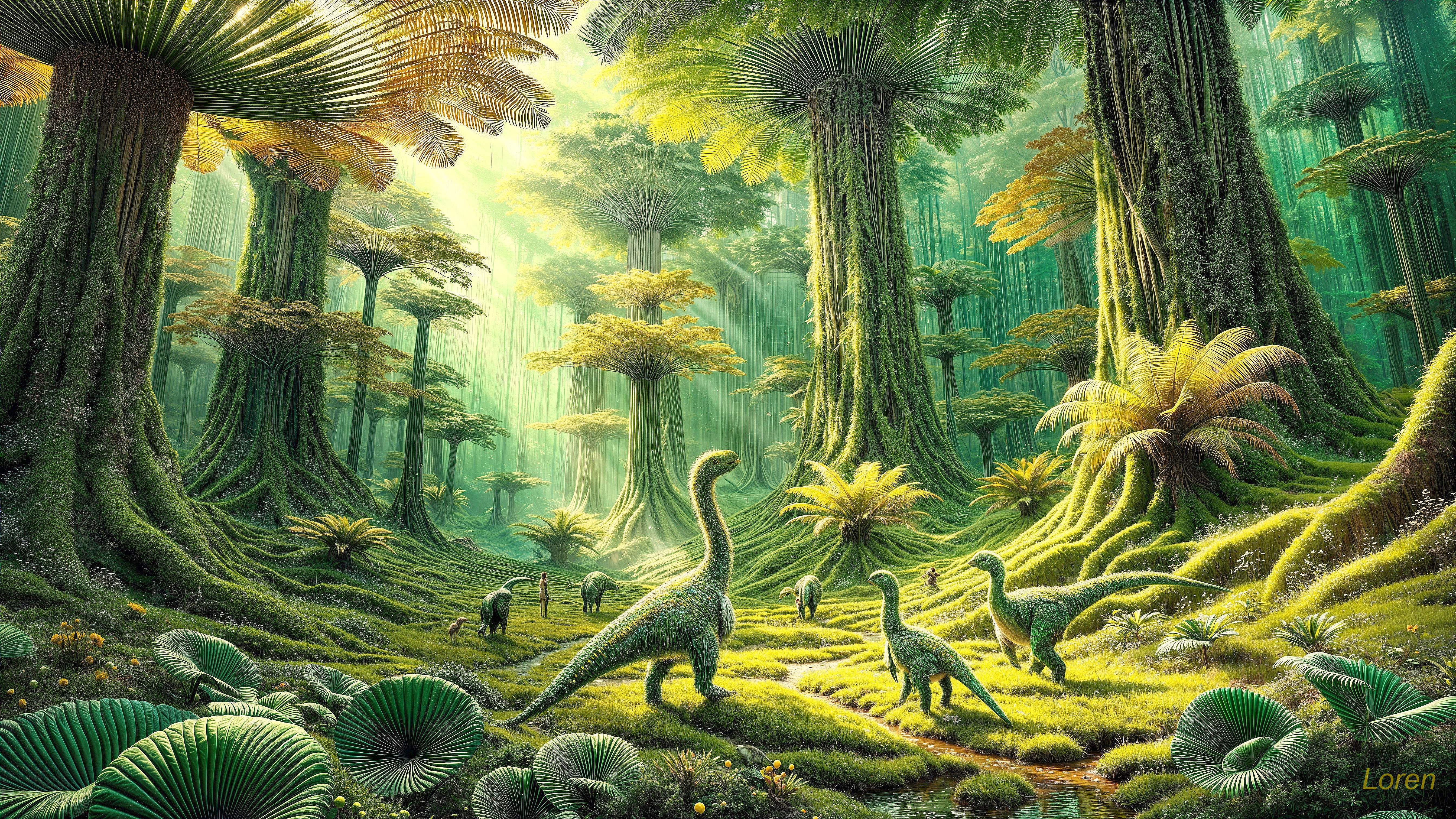 Prehistoric Jungle with Dinosaurs in Lush Greenery