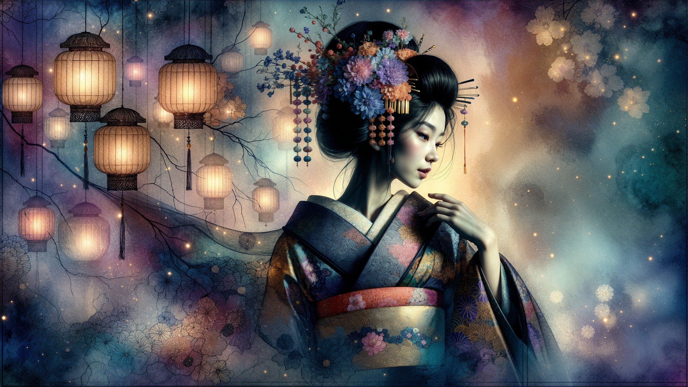 Serene Portrait of a Woman in Vibrant Kimono