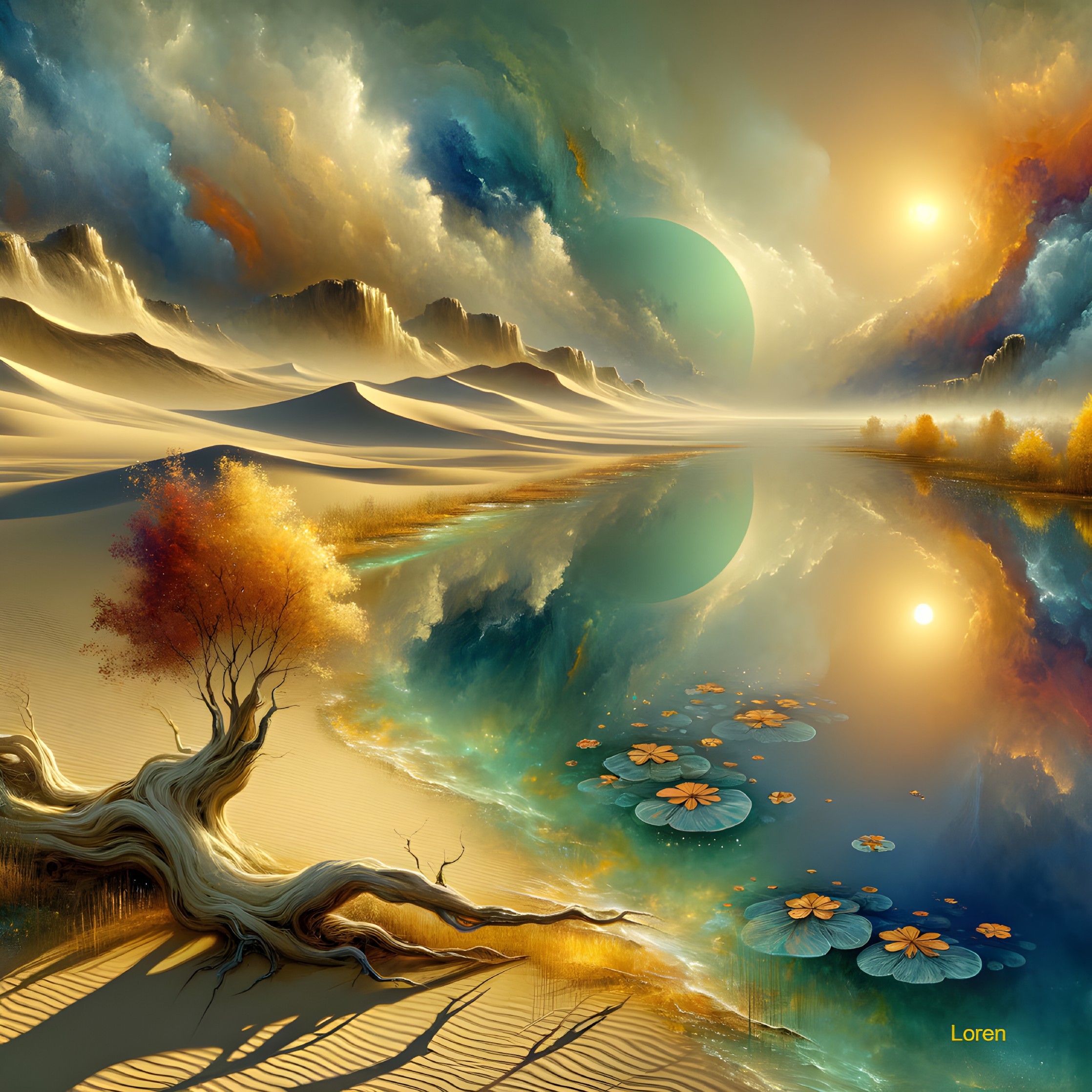 Surreal Landscape with Tranquil Lake and Mountains