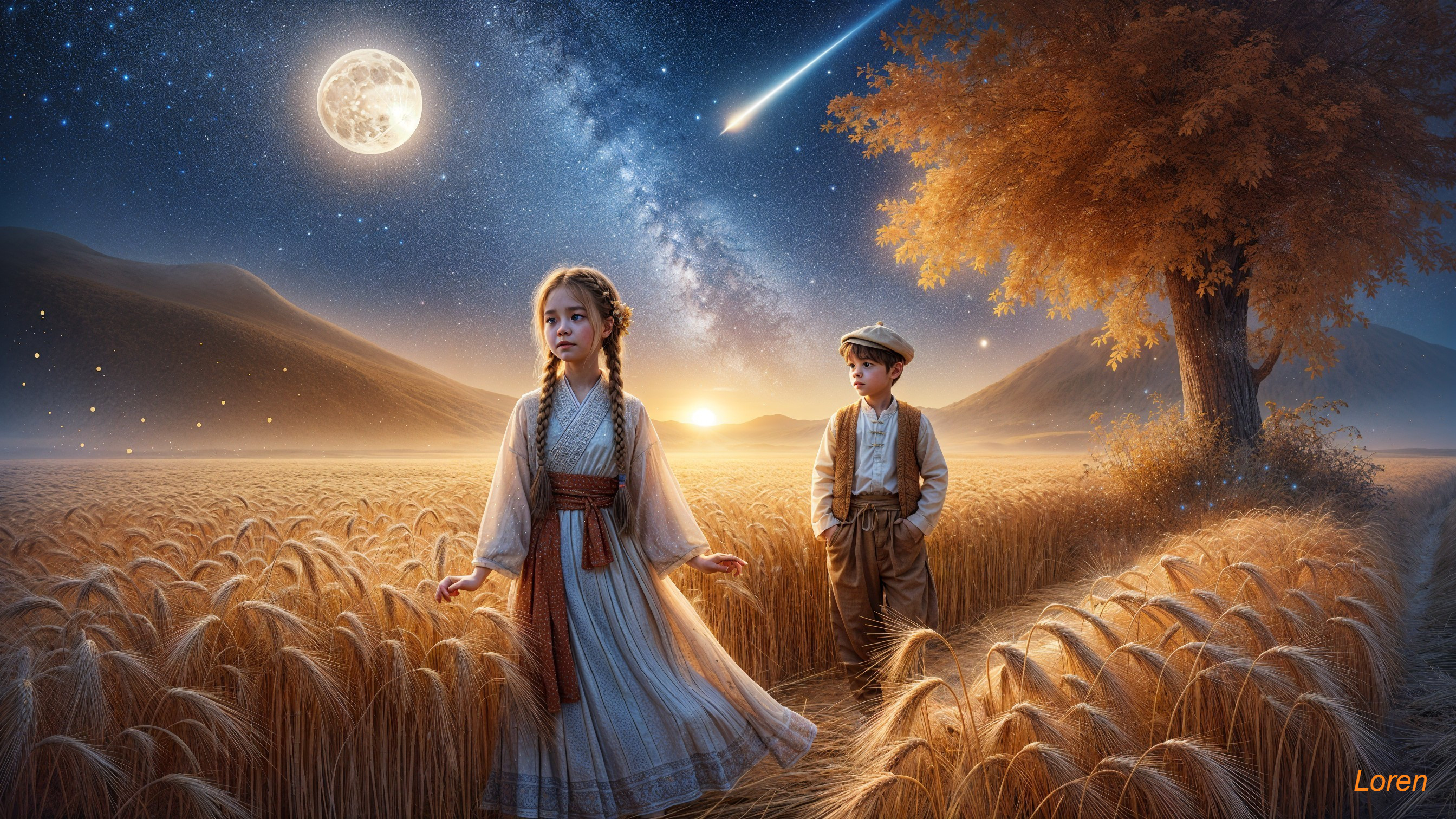 Children in Wheat Field Under Starry Night Sky