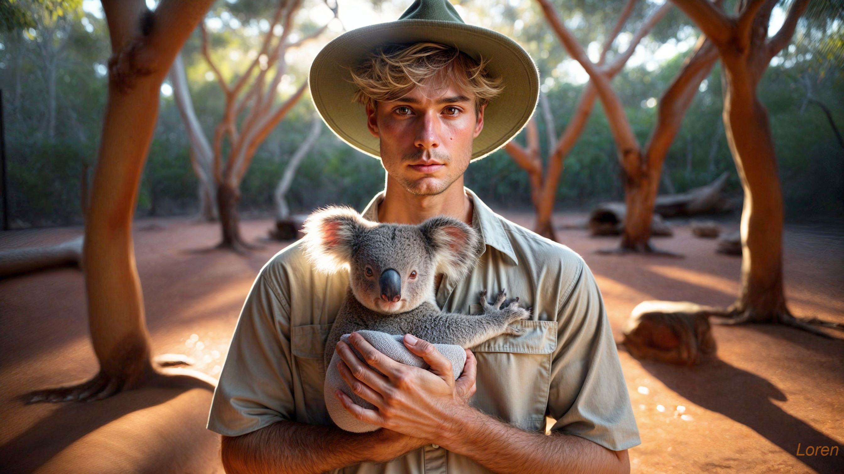 Young man with koala in serene forest setting