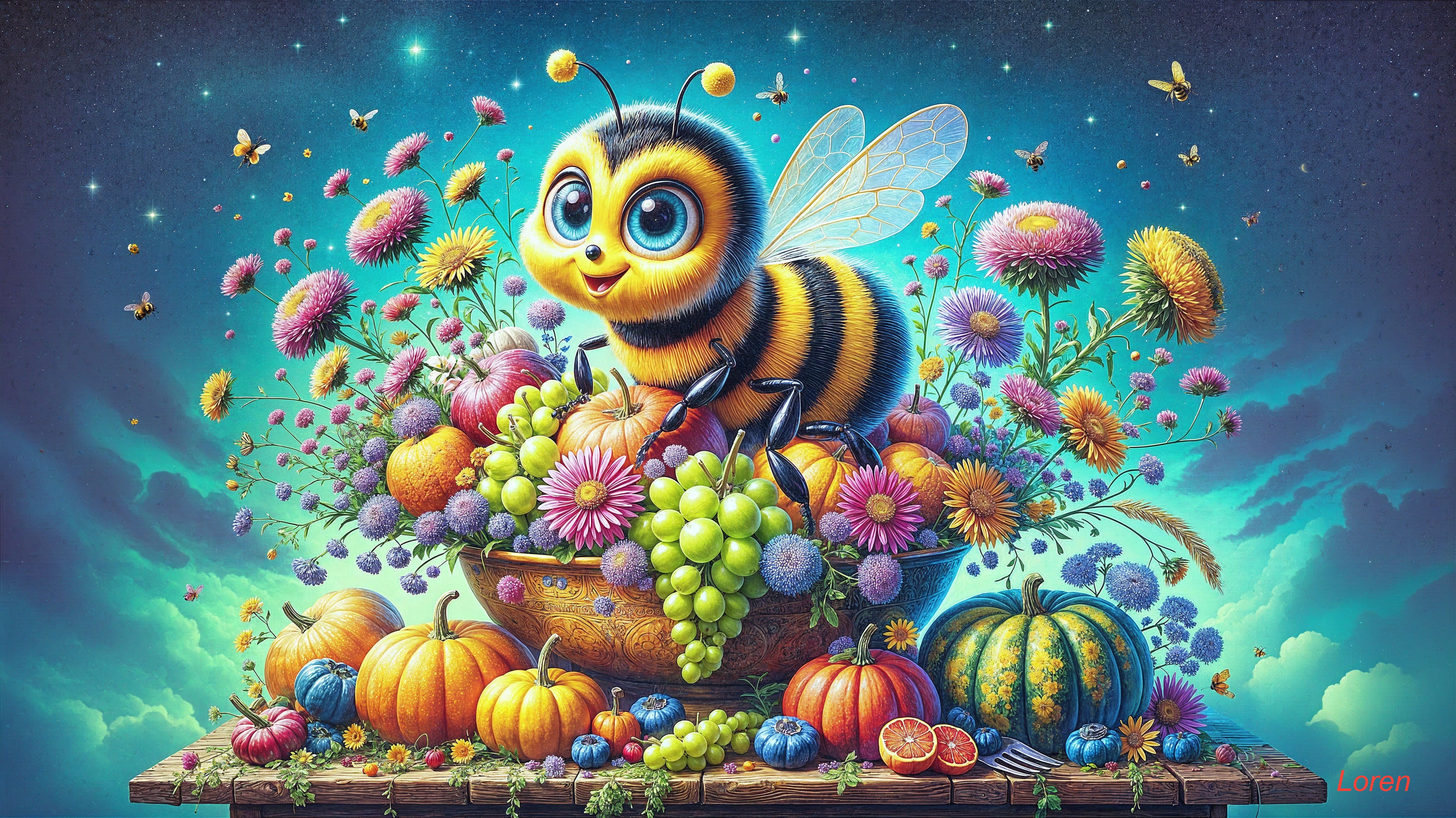 Cartoon Bee Surrounded by Fruits and Flowers