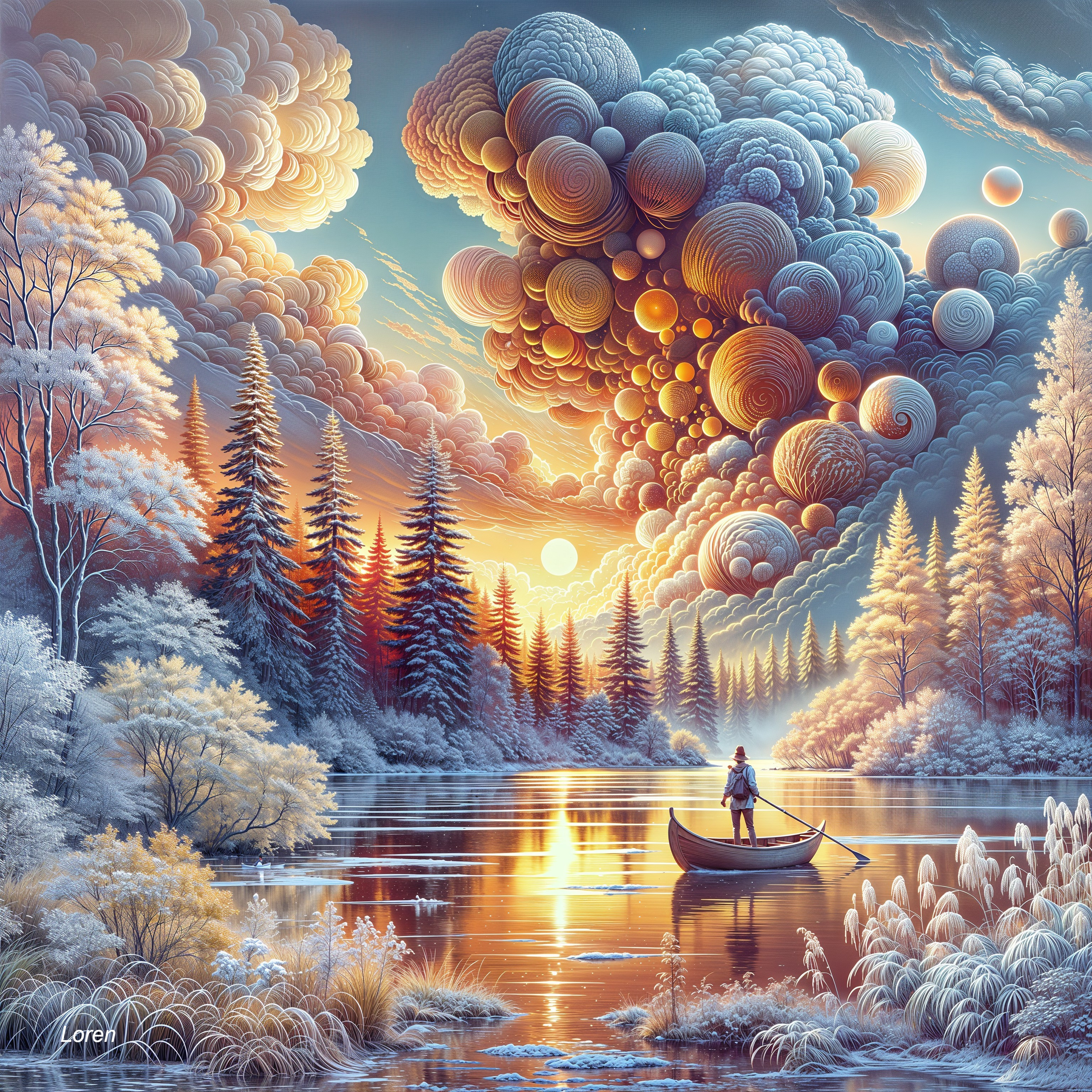 Serene winter landscape with tranquil river and sunset