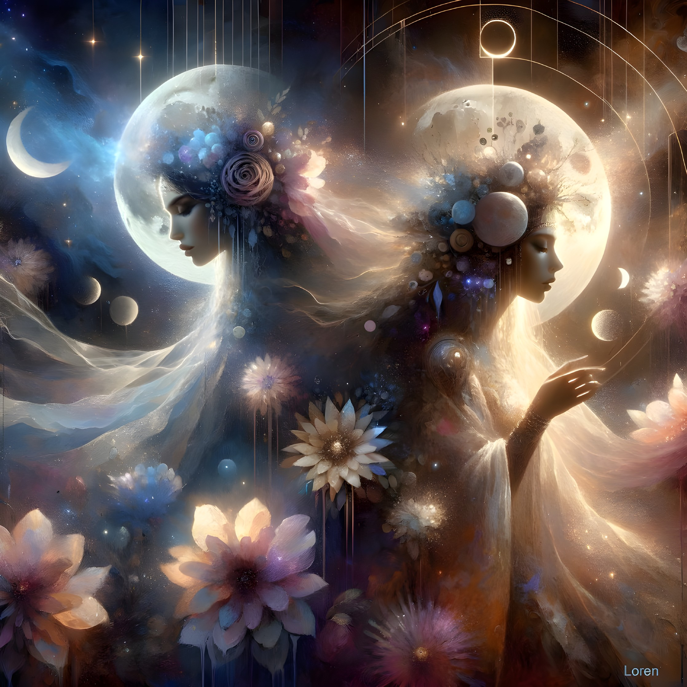 Ethereal Figures in a Dreamlike Celestial Landscape