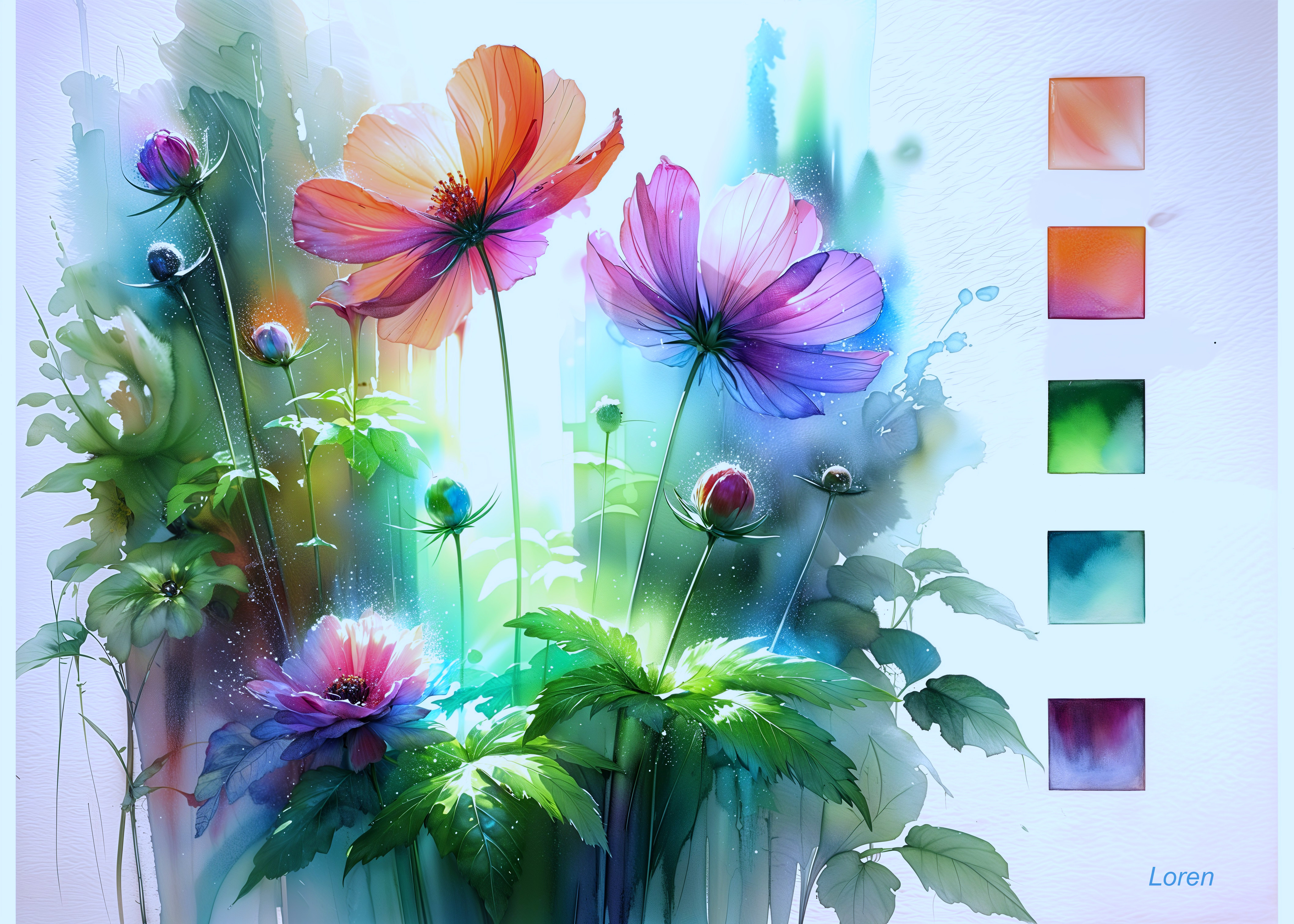 Vibrant Watercolor Painting of Blooming Flowers