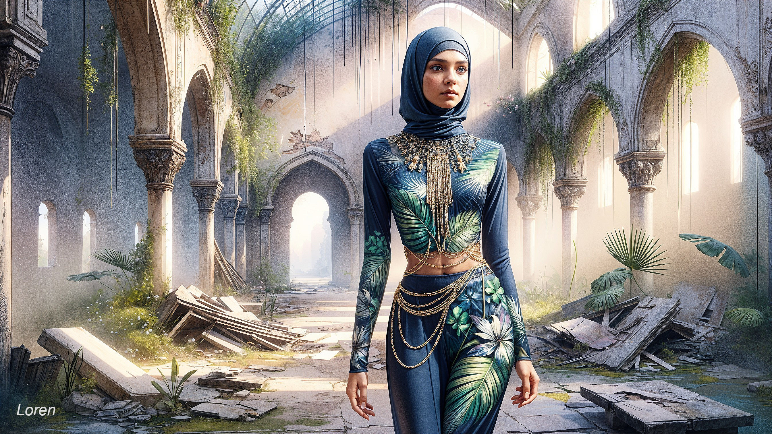 Woman in patterned outfit in crumbling architecture
