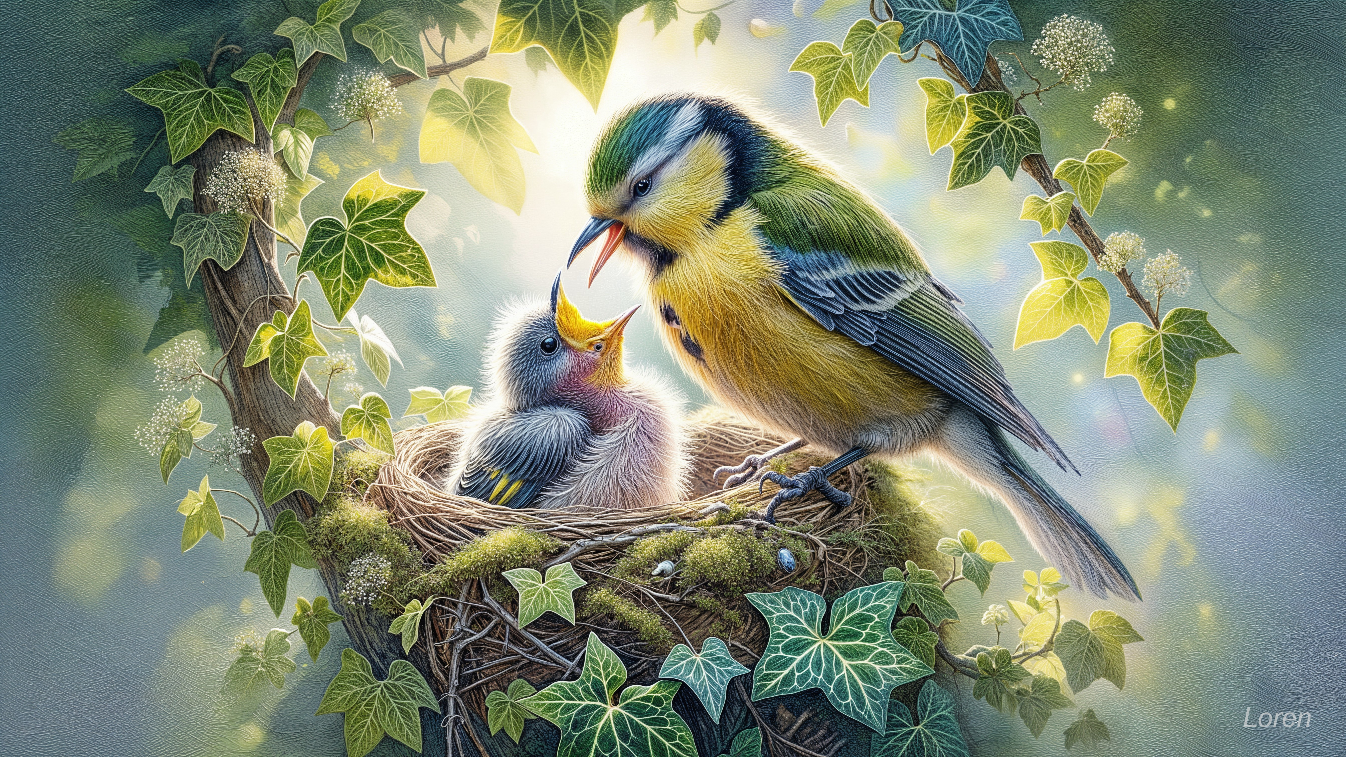Parent Bird Feeding Chick in Lush Green Nest