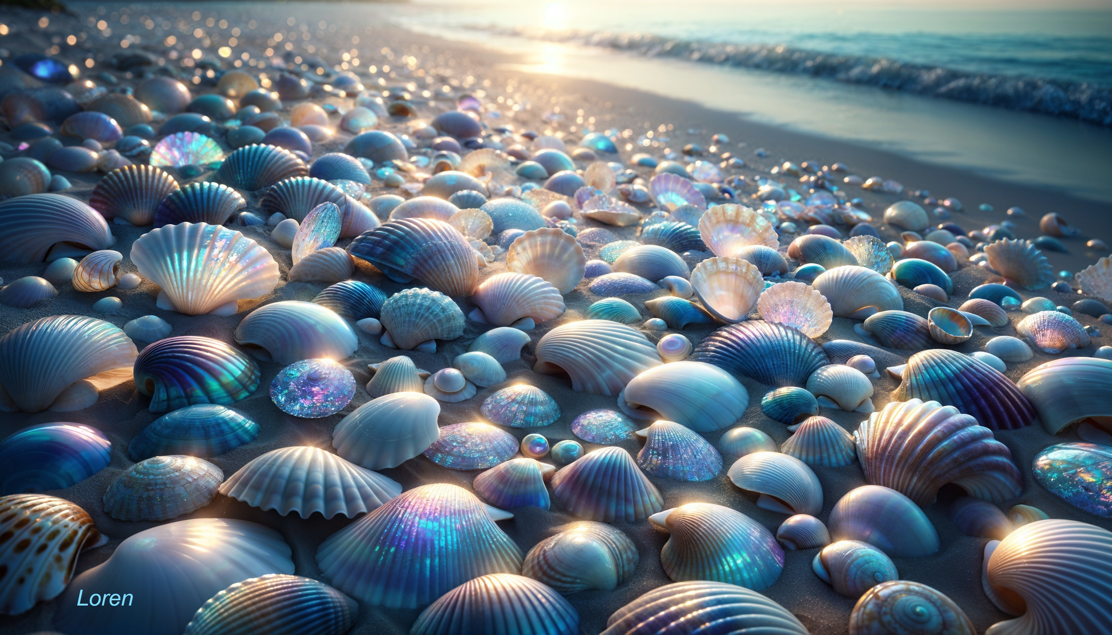 Seashells on Sandy Beach at Dawn with Gentle Waves