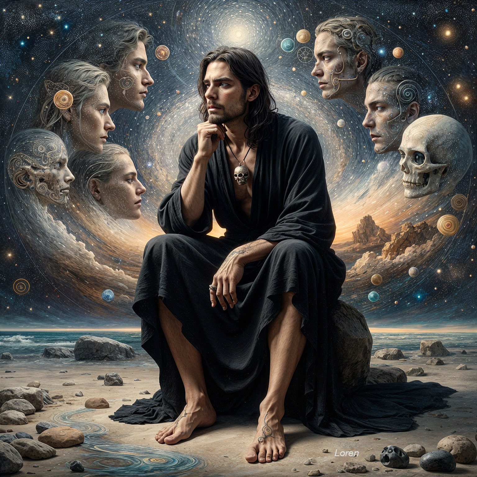 Contemplative Figure on Beach with Cosmic Elements