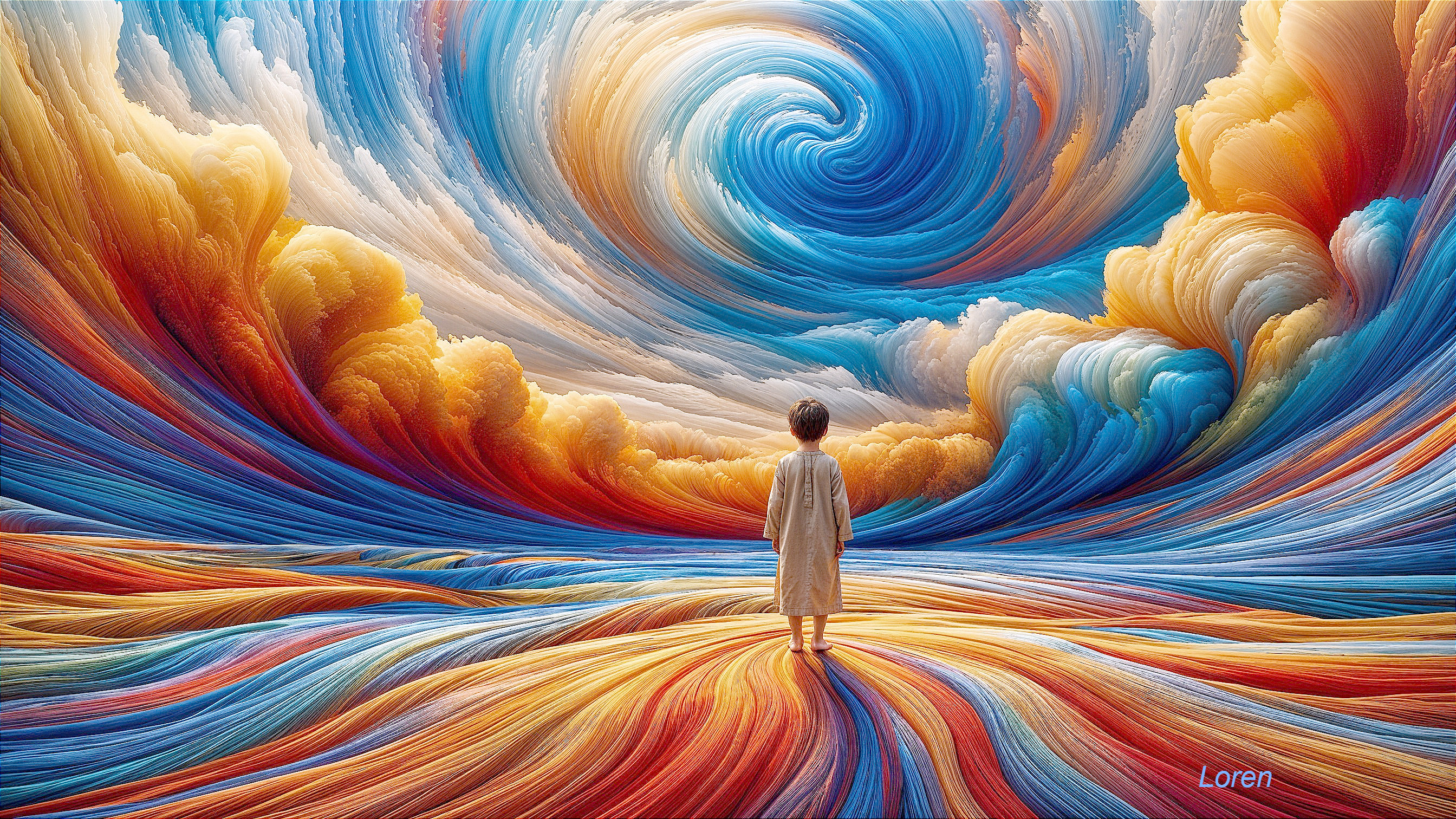 Child in a Colorful Surreal Landscape with Dynamic Sky