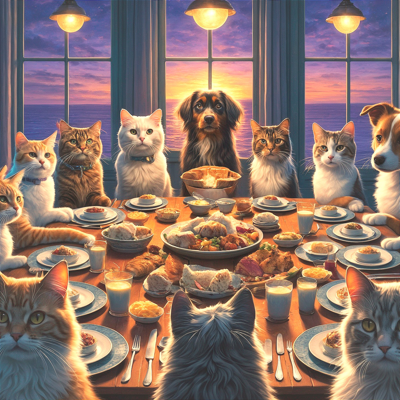 Whimsical Dinner Gathering of Cats and Dogs at Sunset