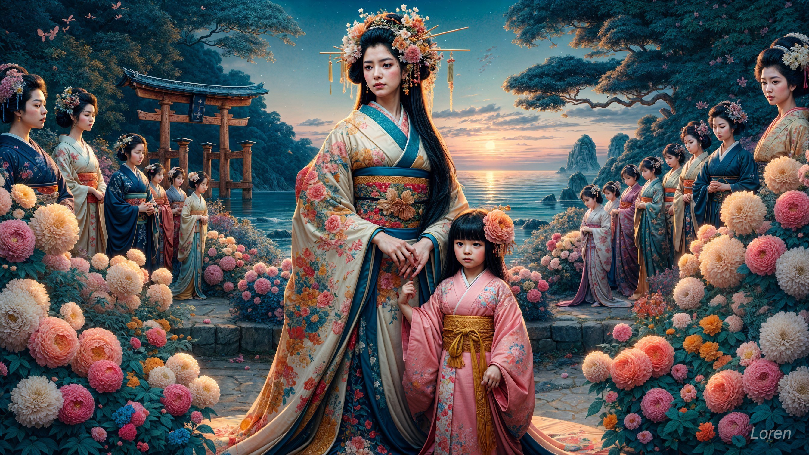 Serene Scene of Women in Kimono by Water and Flowers