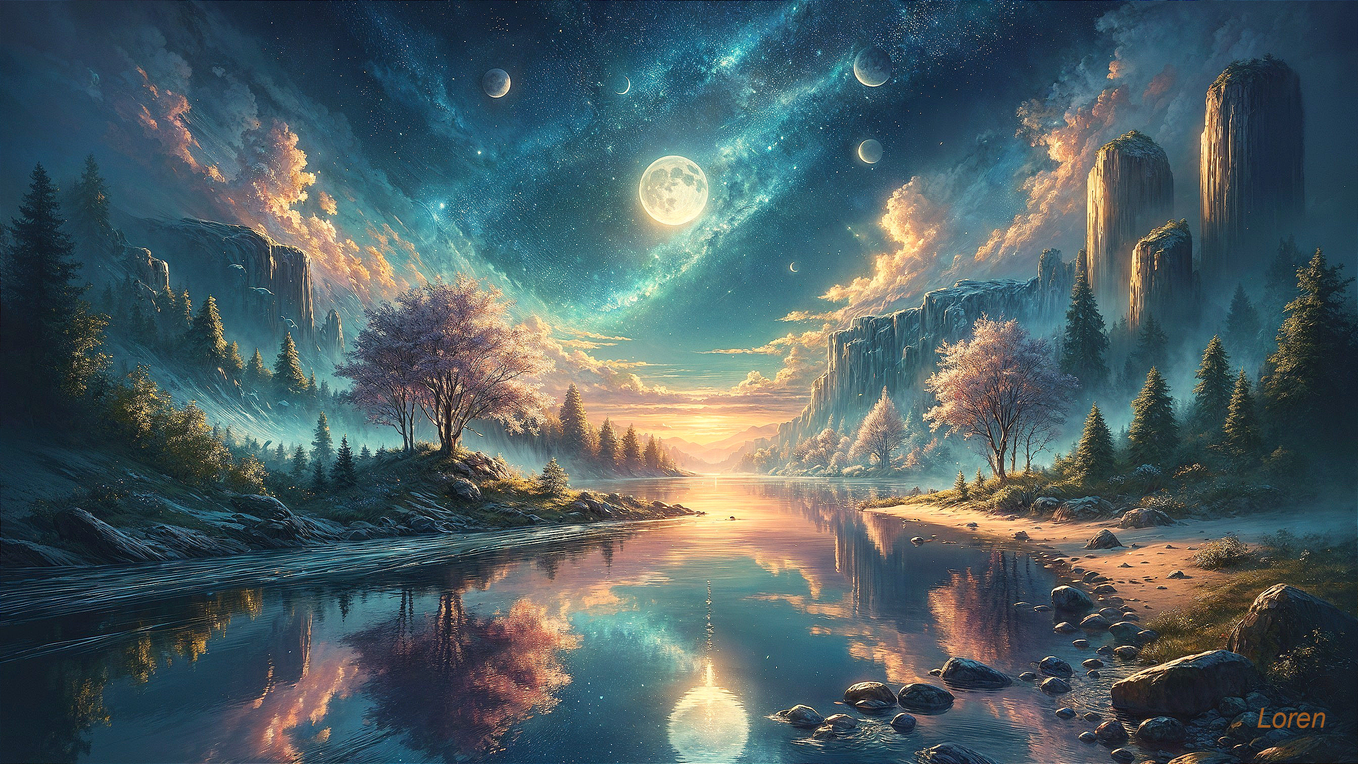 Serene river landscape with vibrant sunset and cliffs