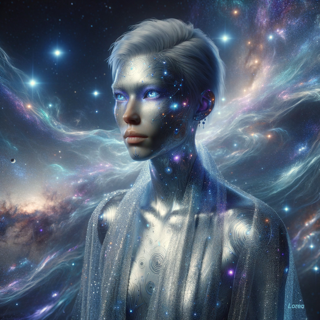 Futuristic figure with cosmic patterns in celestial space