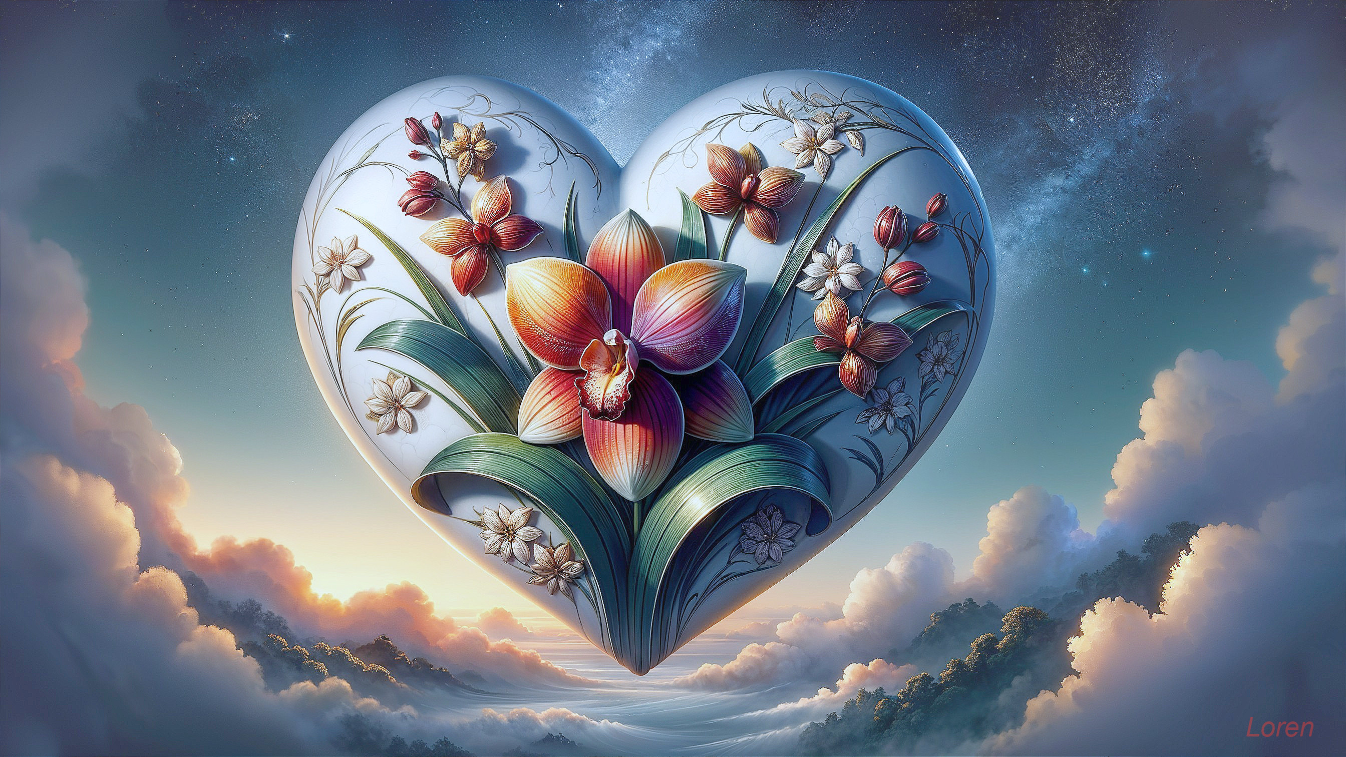 Heart-Shaped Object Surrounded by Clouds and Flowers