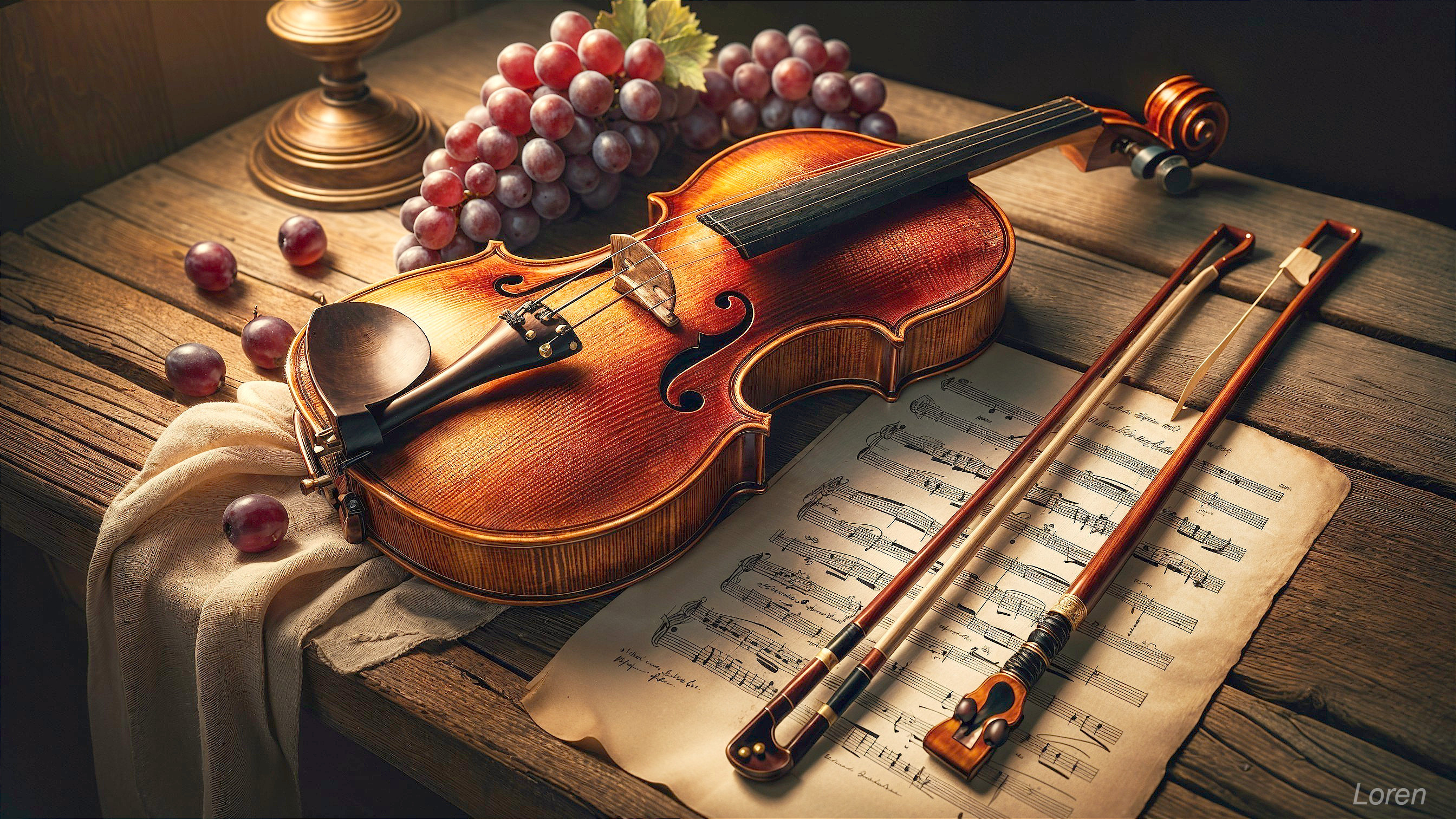 Violin with Bows and Grapes on Wooden Table