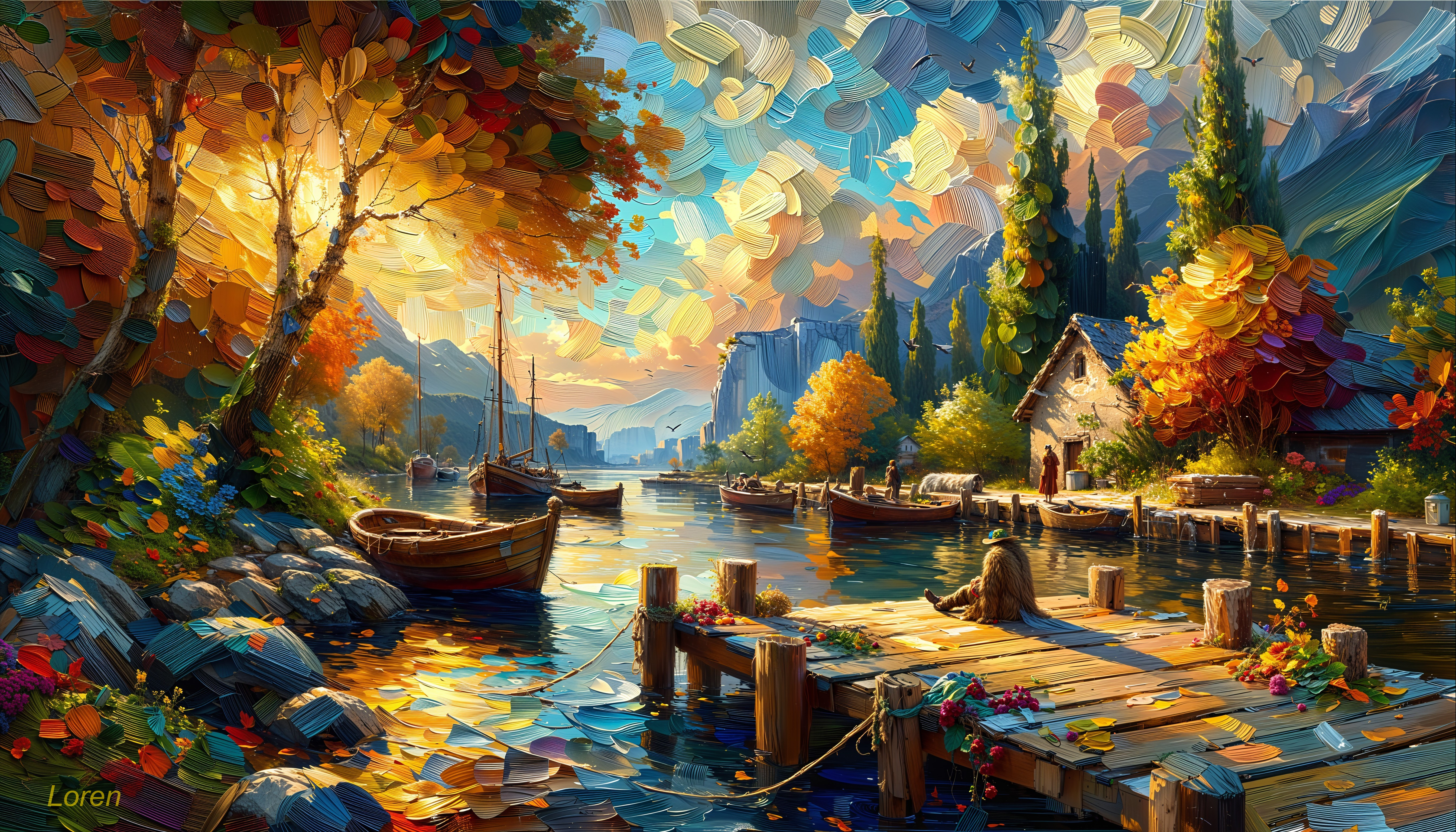 Autumn Lakeside Scene with Colorful Foliage and Cabin