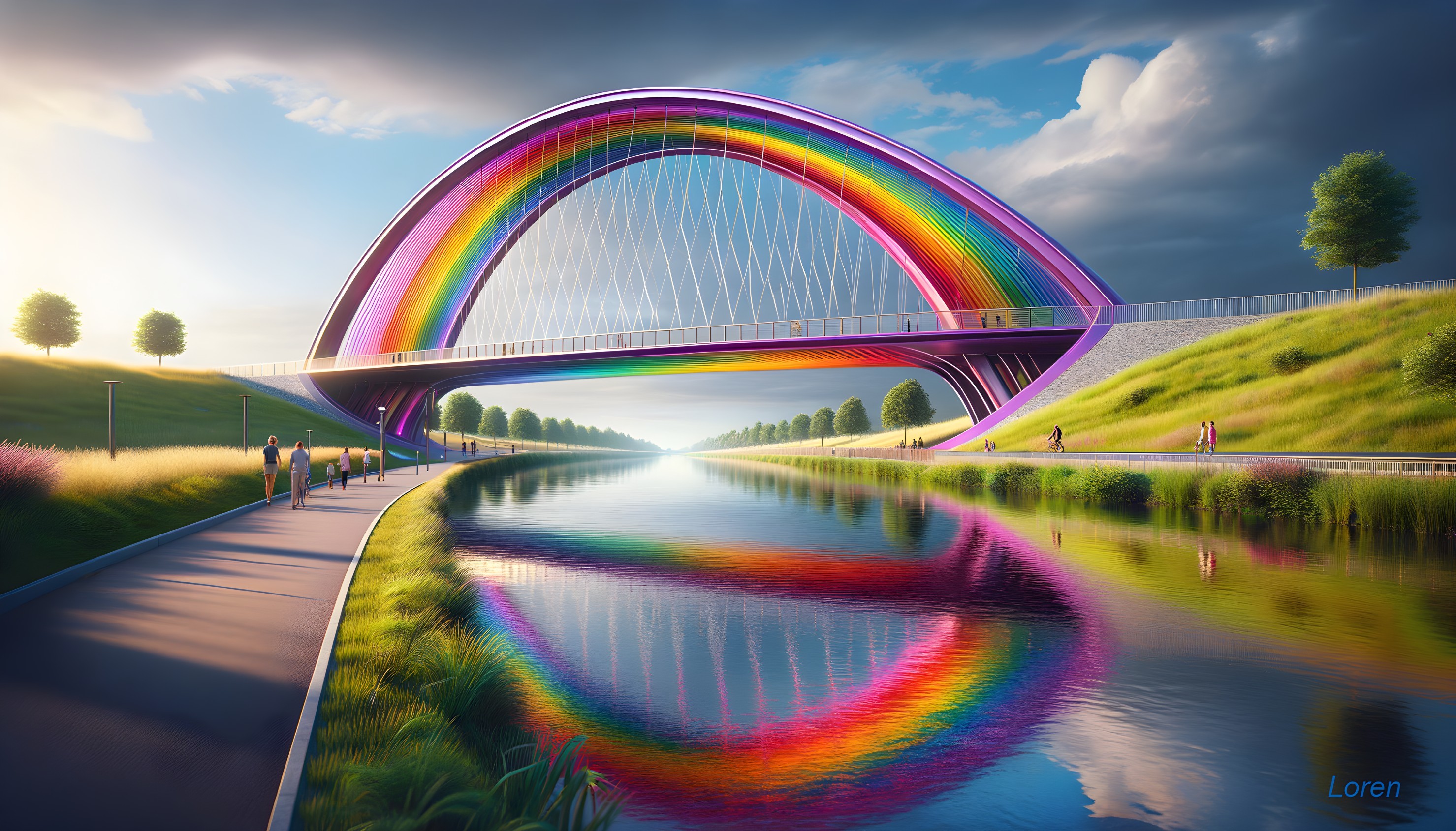 Rainbow Bridge Over Calm River with Lush Hills