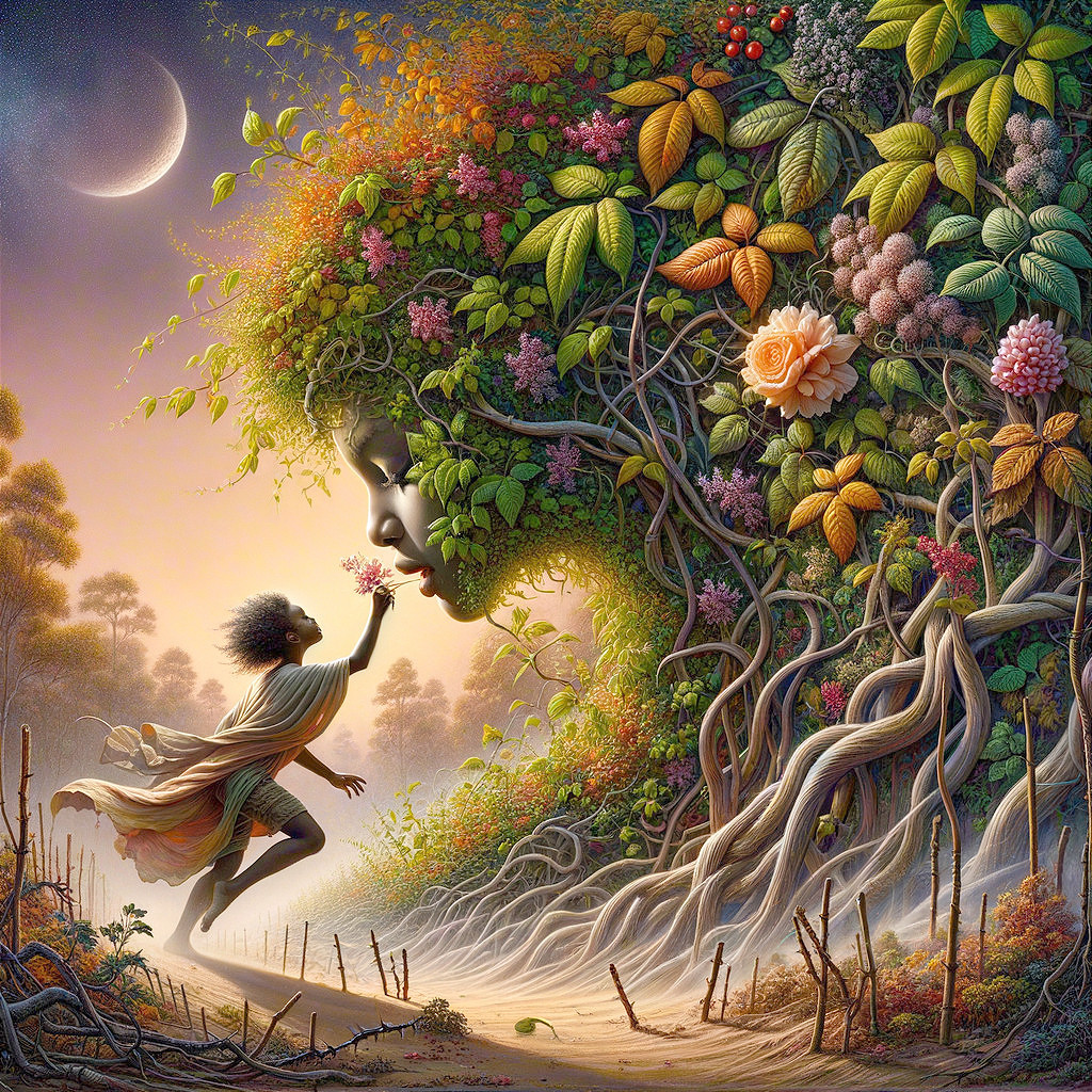 Whimsical Artwork of Child and Tree-Shaped Face