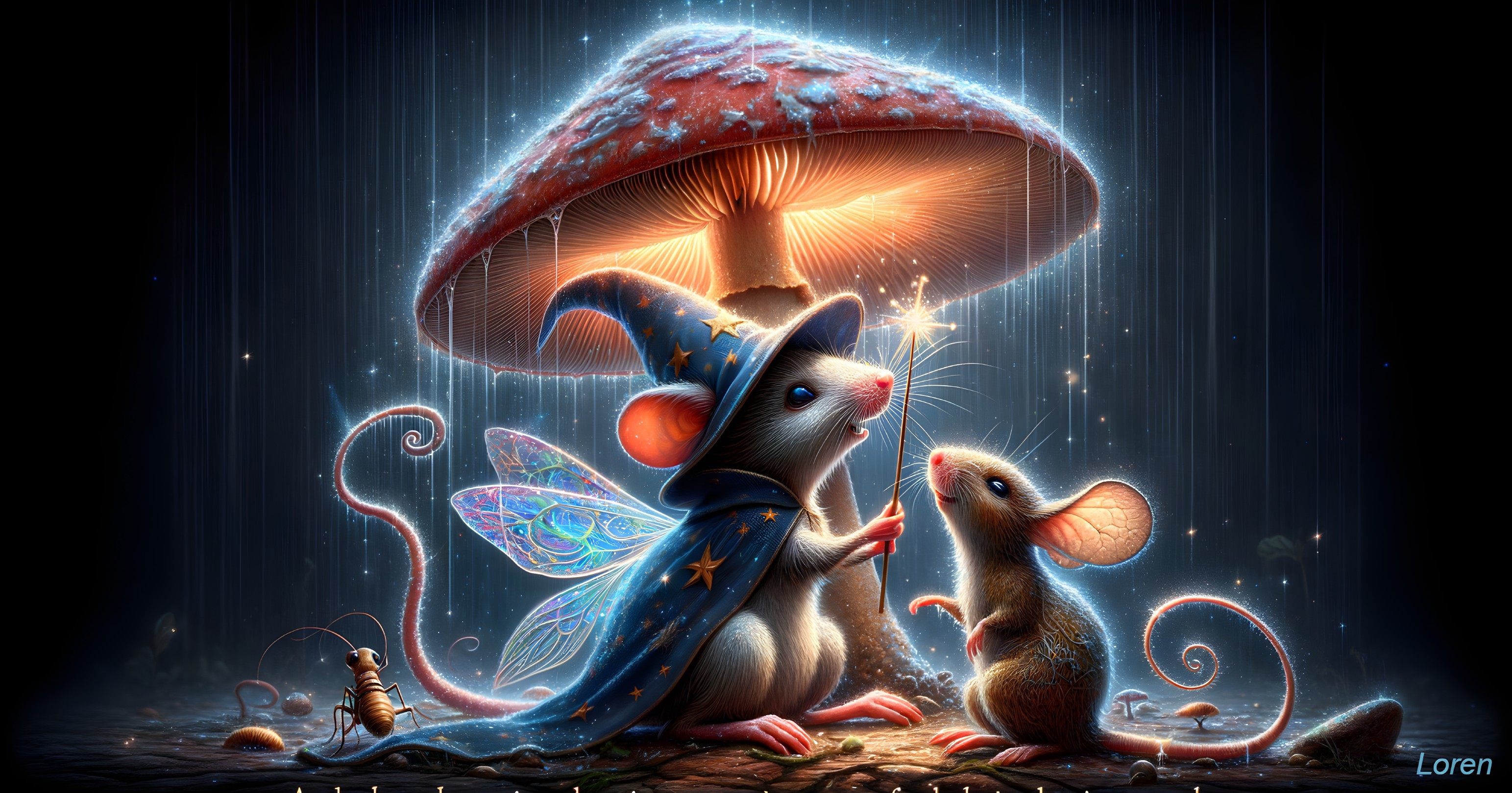 Whimsical Scene of Mice Under a Red-Capped Mushroom