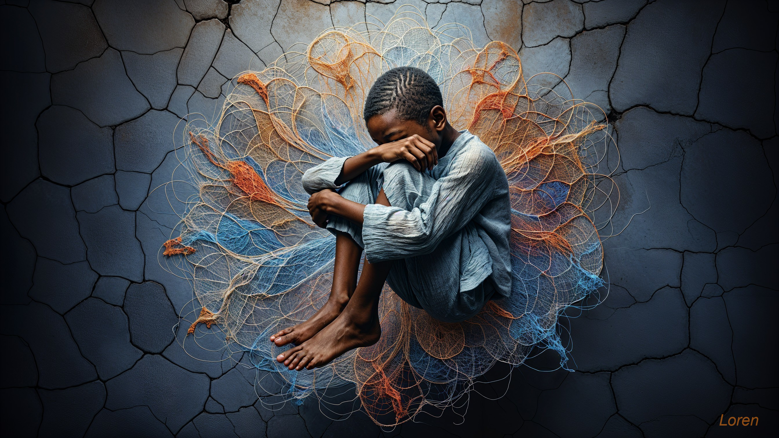 Child in contemplation amidst vibrant threads and dark walls