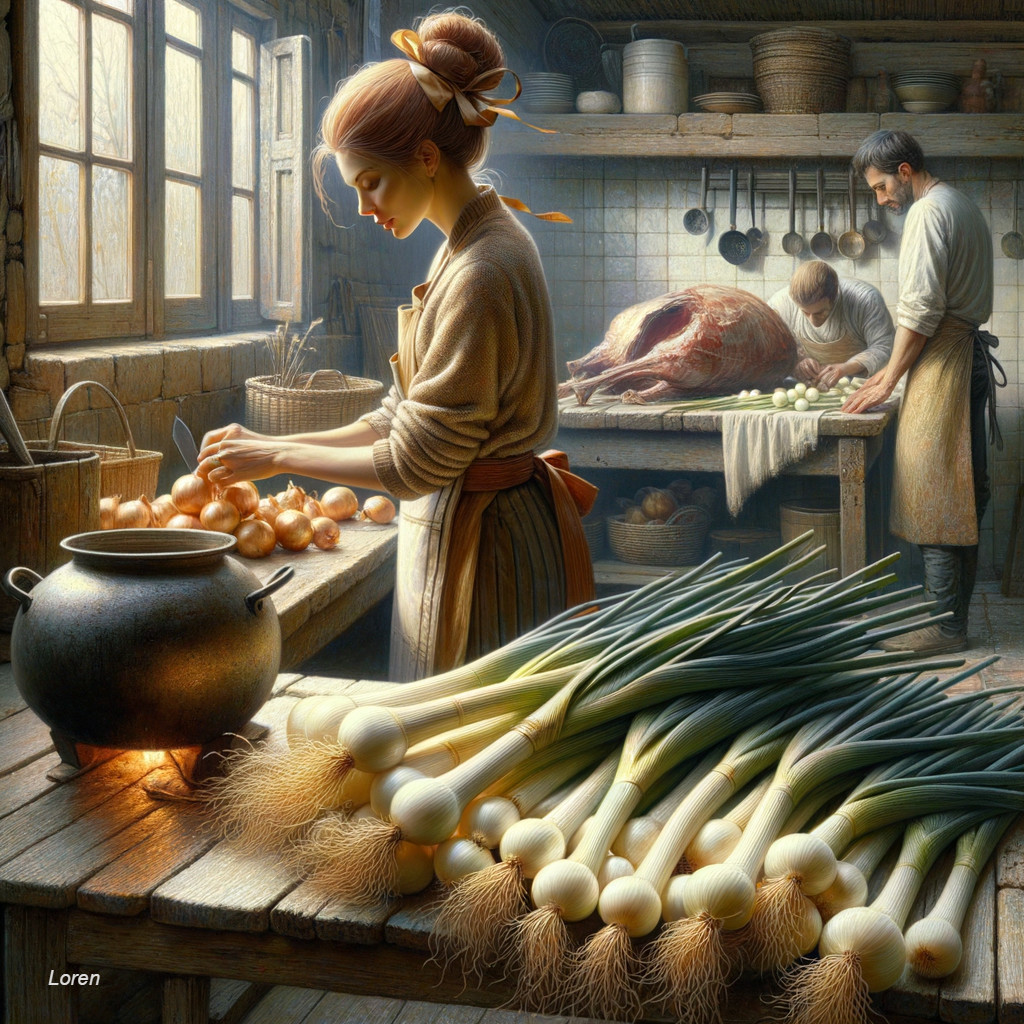 Rustic kitchen scene with food preparation activities