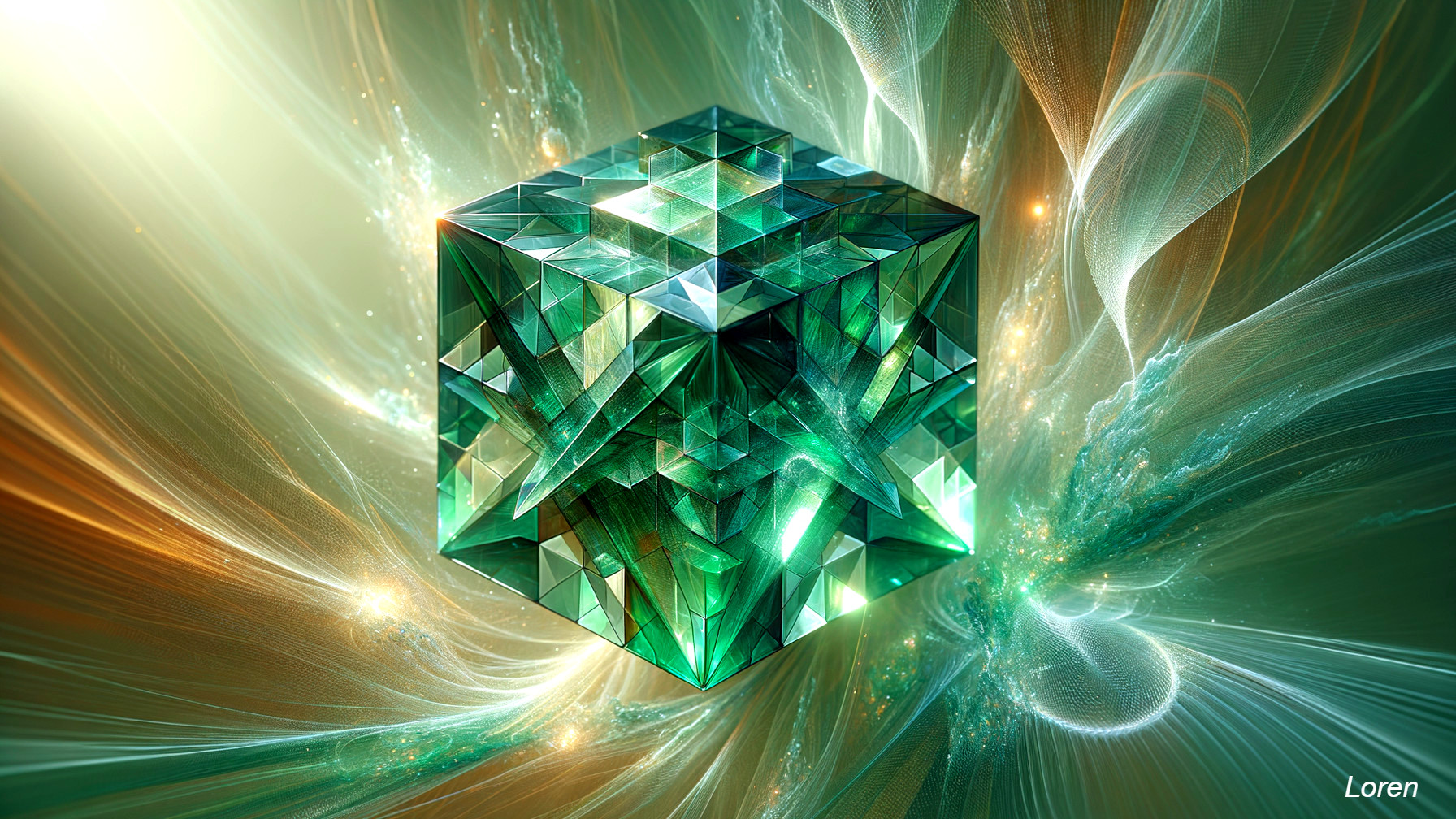 Multifaceted Green Crystal Cube with Ethereal Background
