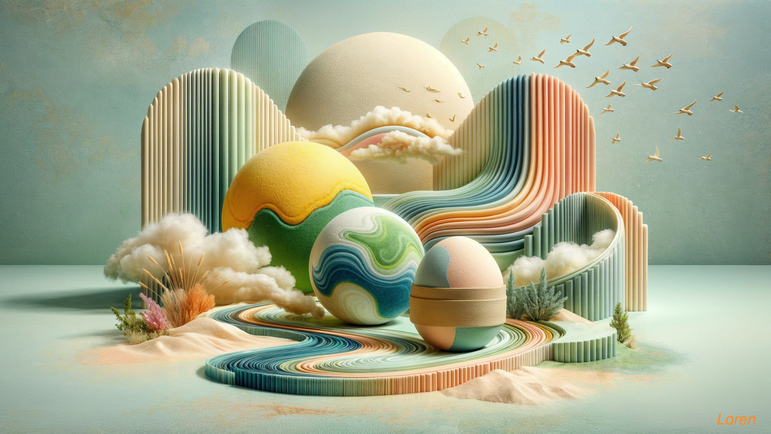 Pastel-Colored Whimsical Landscape with Abstract Shapes