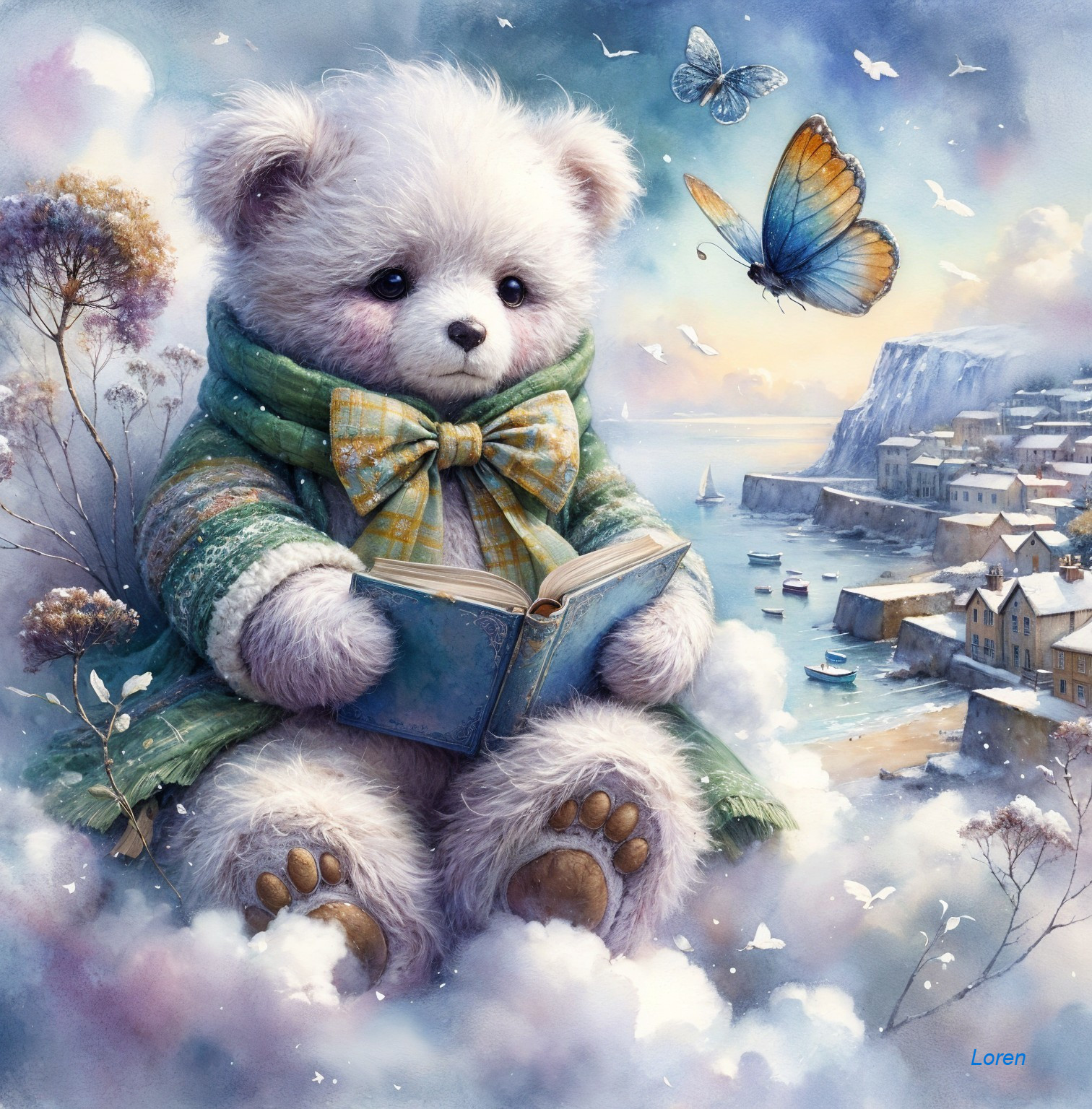 Pastel Teddy Bear Reading on a Cloud with Butterflies