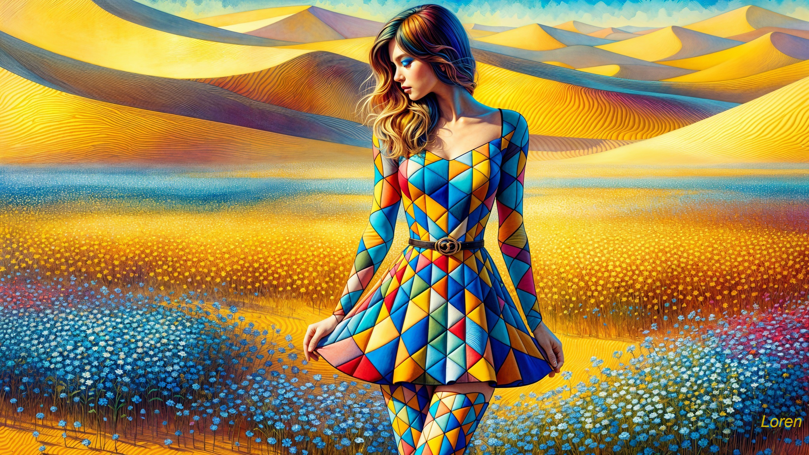 Young woman in geometric dress in golden sand dunes