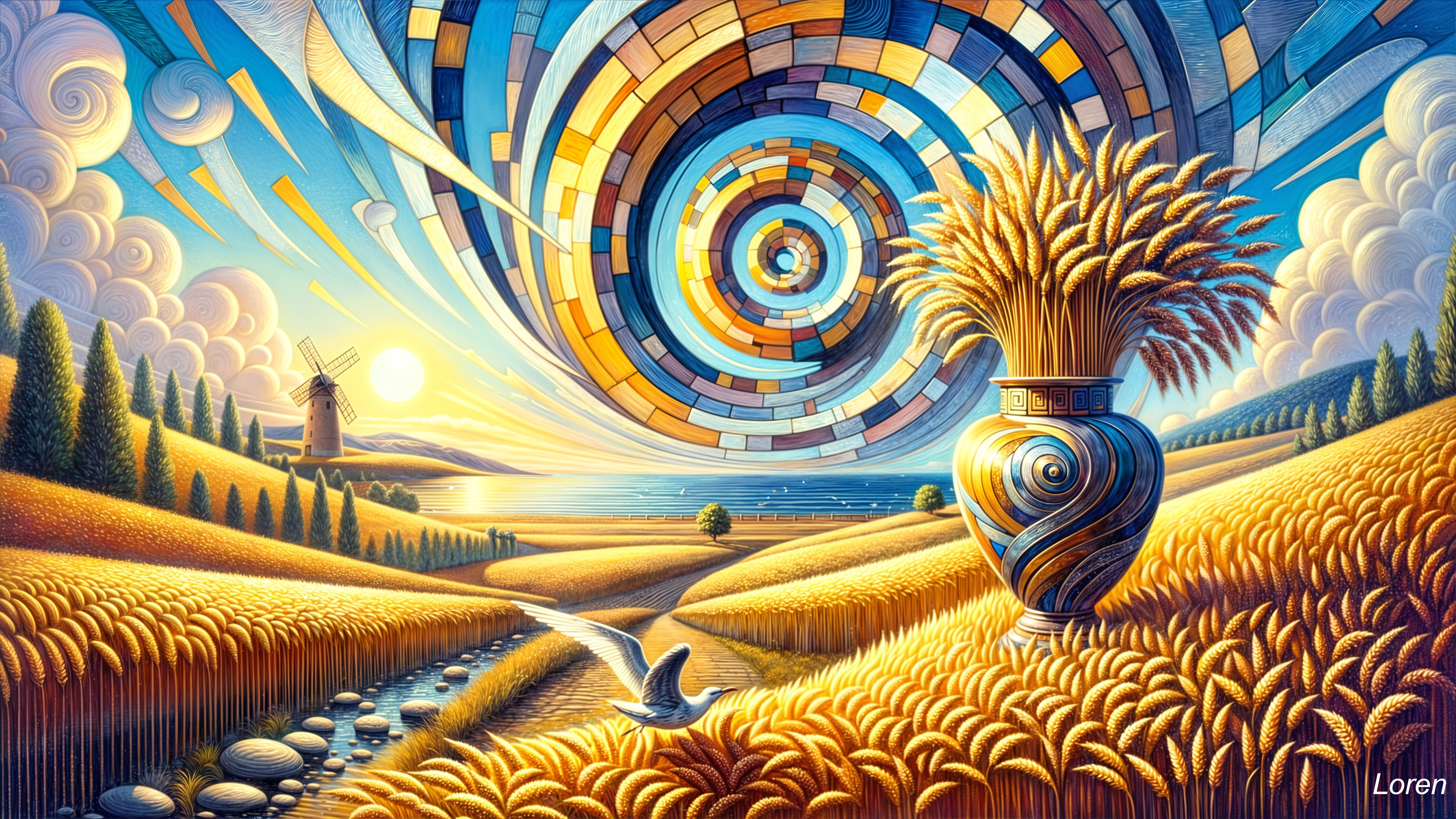 Vibrant Landscape with Wheat Fields and Tranquil River