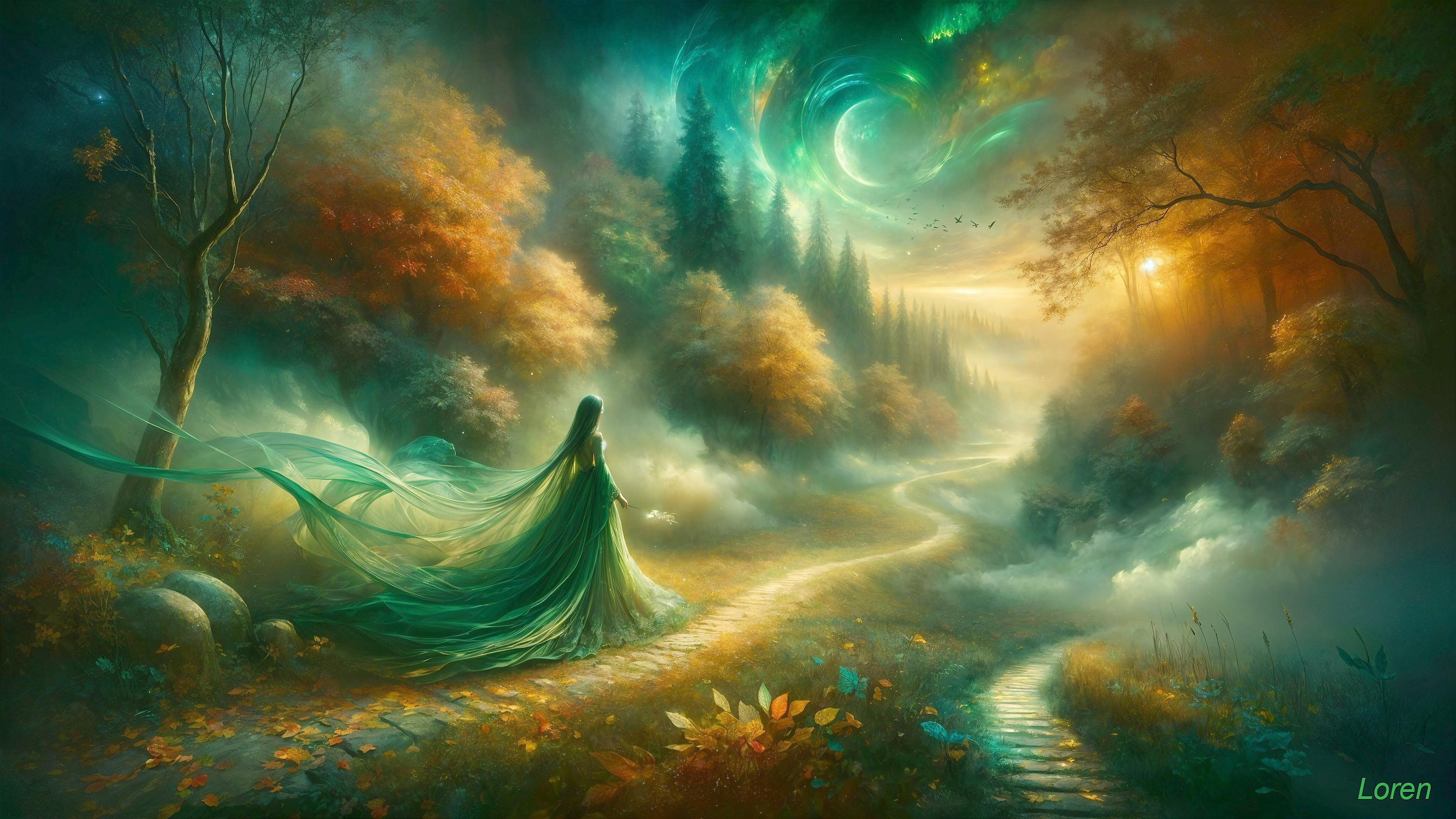 Mystical Autumn Landscape with Serene Figure and Galaxy