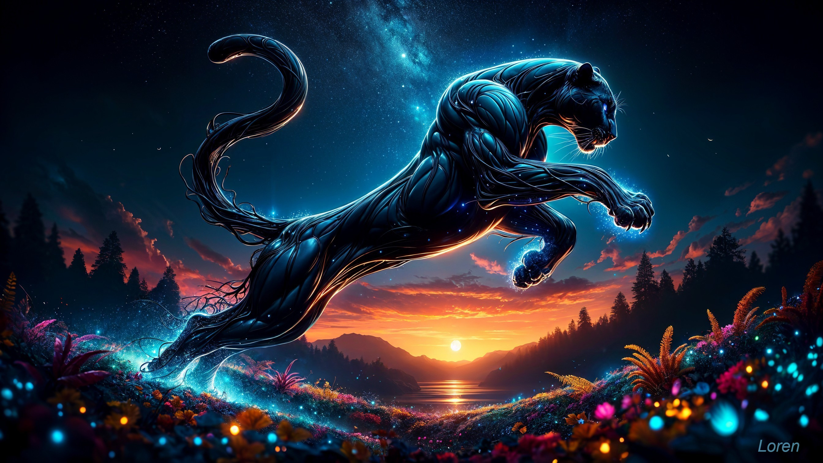 Stylized Panther in Vibrant Sunset Landscape