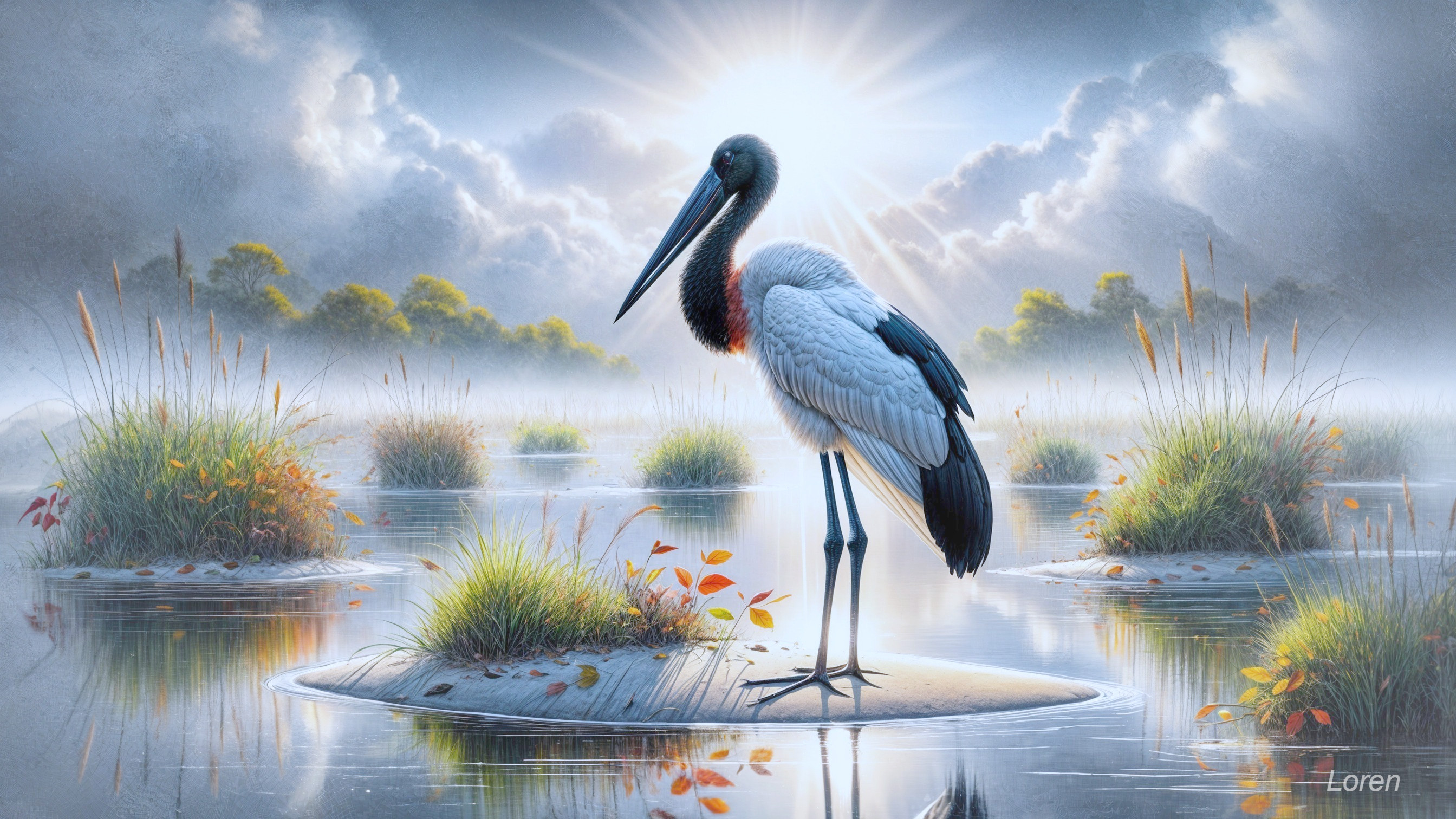 Serene Landscape with Stork on Tranquil Island