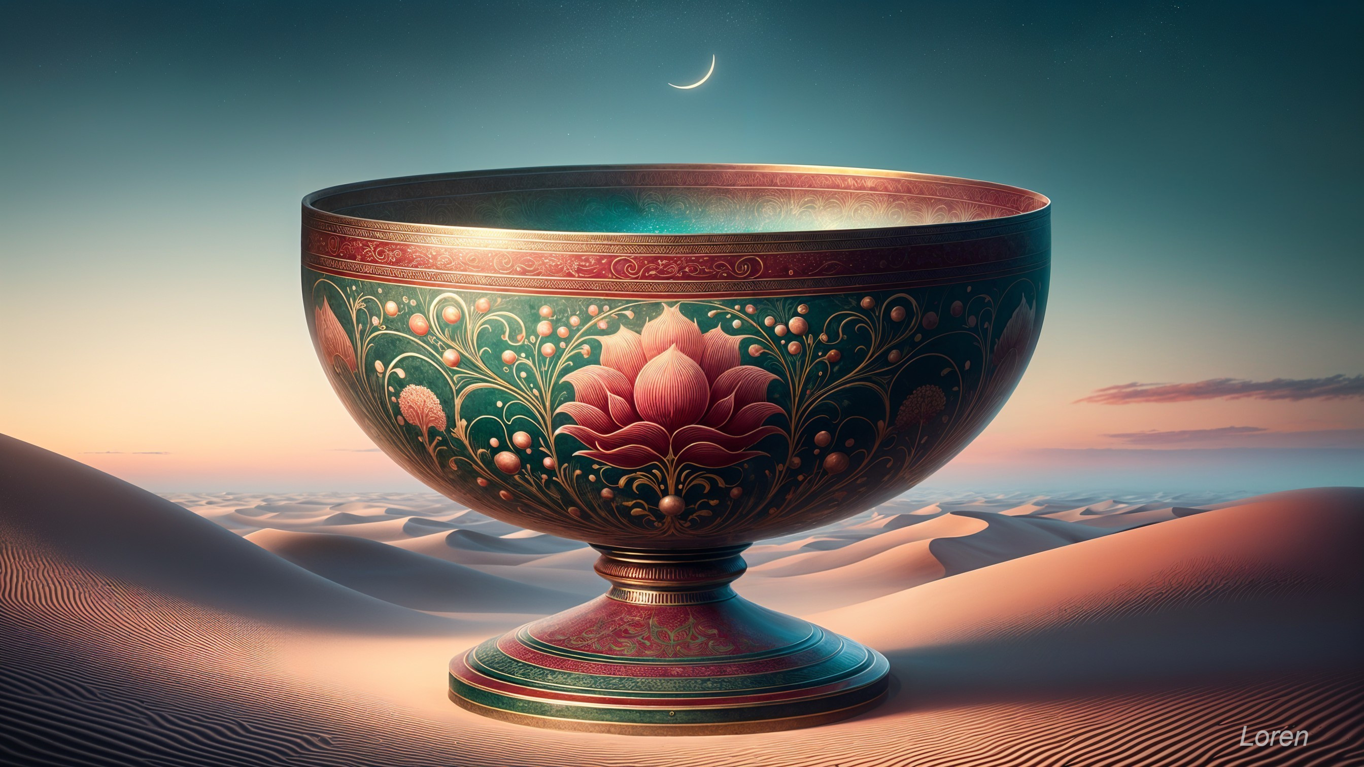 Intricately Decorated Bowl in Serene Desert Landscape