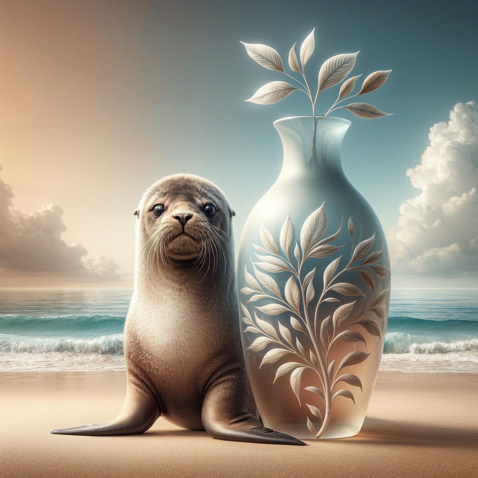 Serene Beach Scene with Seal and Elegant Vase