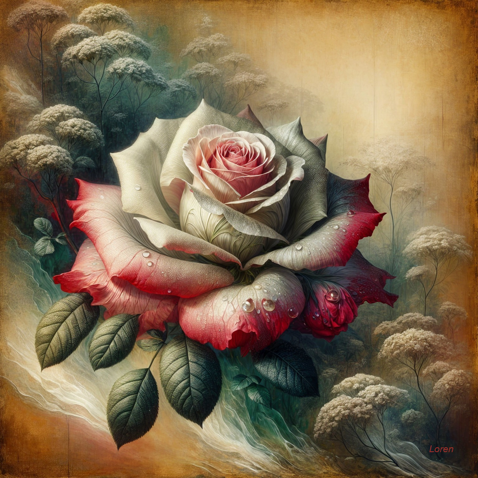 Intricate Detail of a Blooming Rose with Dewdrops