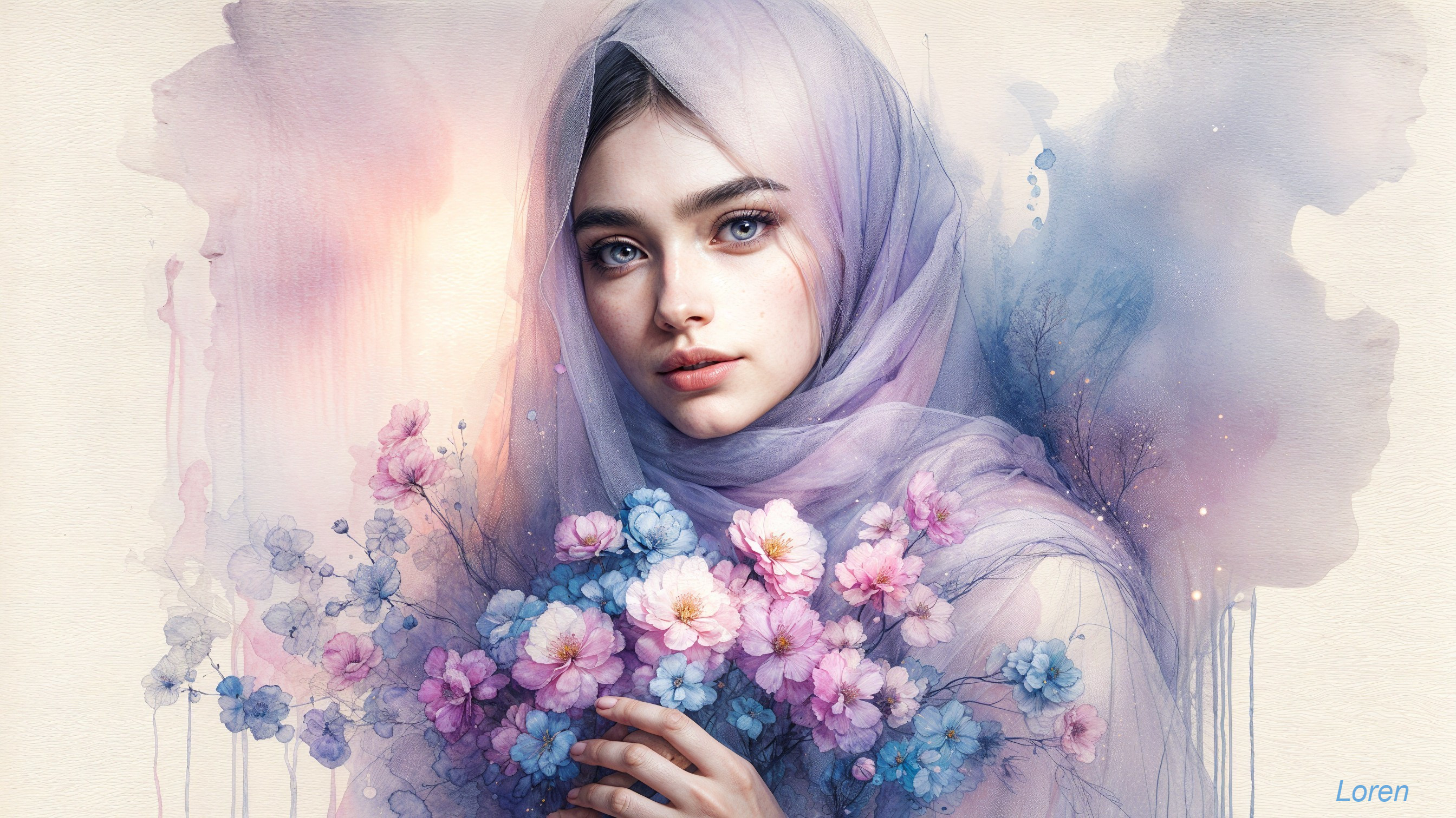 Young Woman with Blue Eyes and Lavender Scarf
