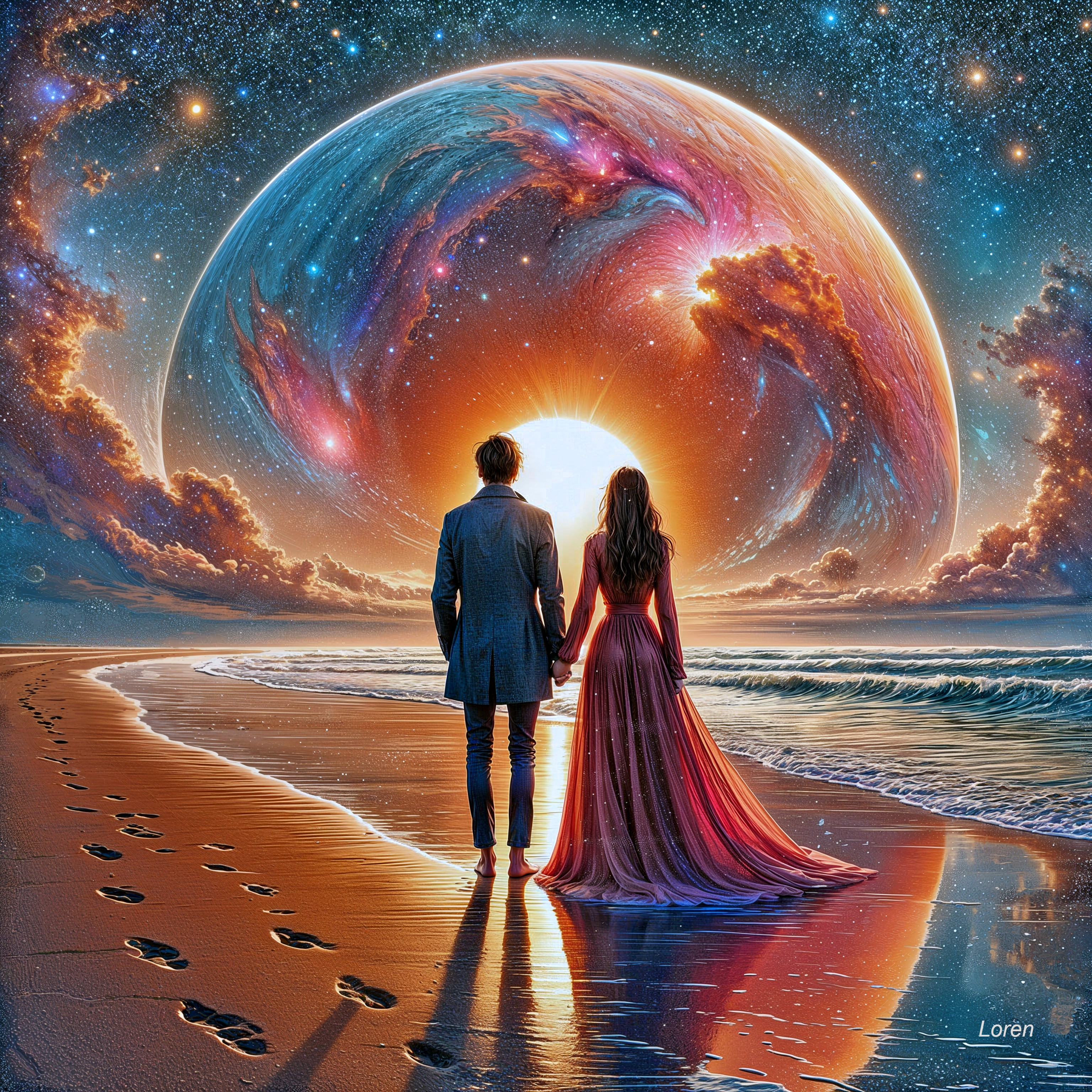 Couple on Beach Under Cosmic Sky with Radiant Planet
