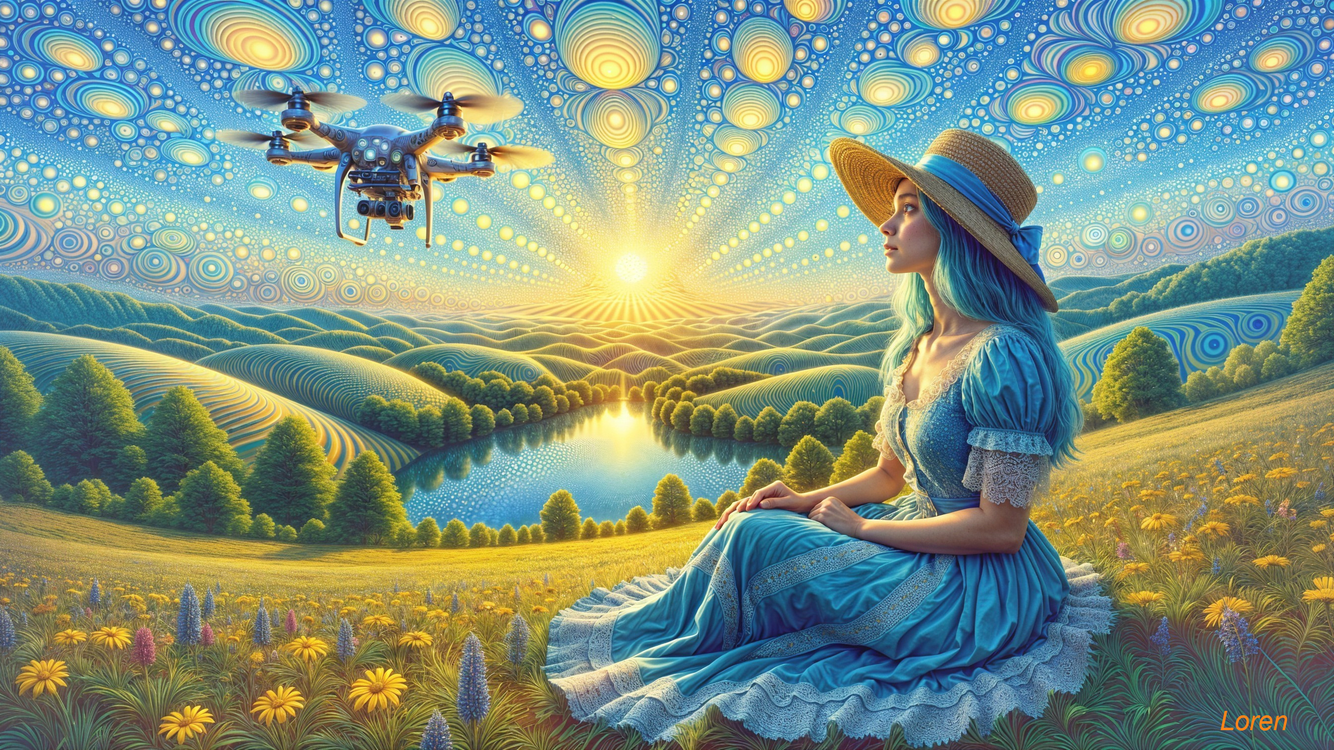 Woman in Blue Dress in Colorful Sunrise Landscape