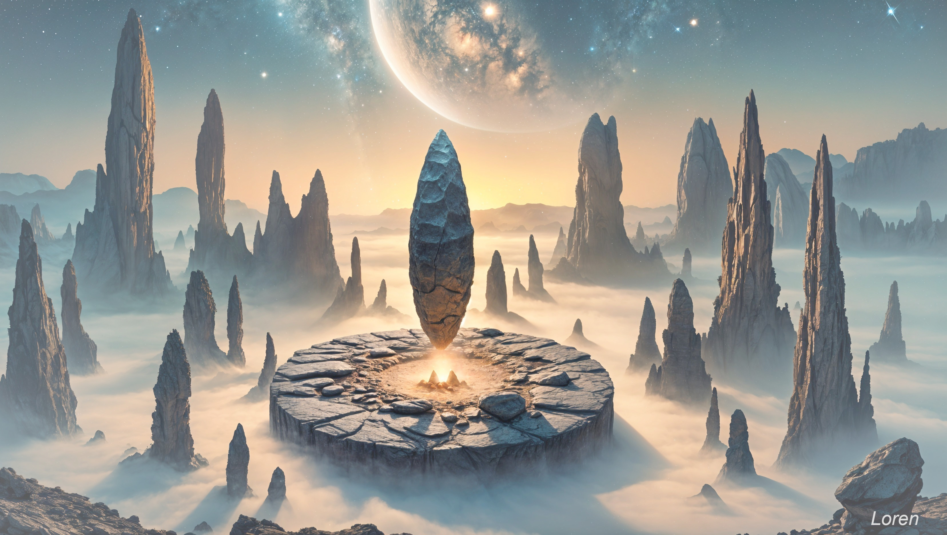 Surreal Landscape with Jagged Rocks and Monolith
