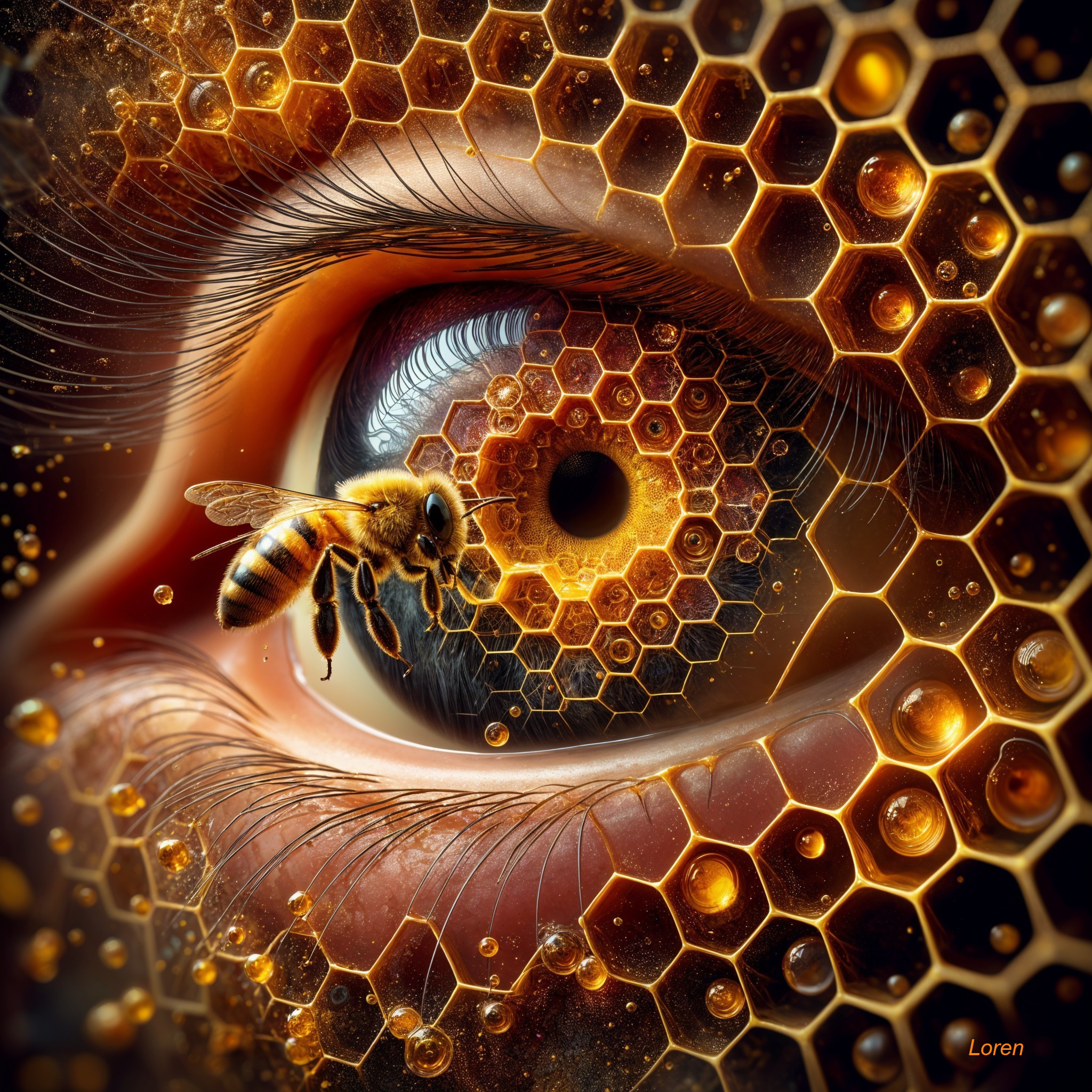 Close-up of an eye with honeycomb and bee reflection