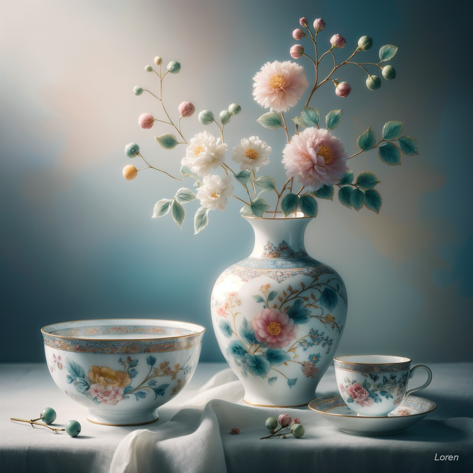 Delicate Still Life with Floral Arrangement and Ceramics