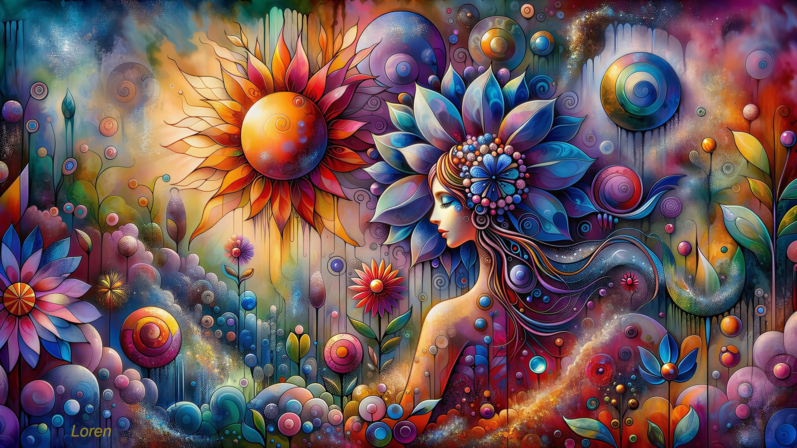 Fantasy Painting of a Goddess with Lotus Flowers