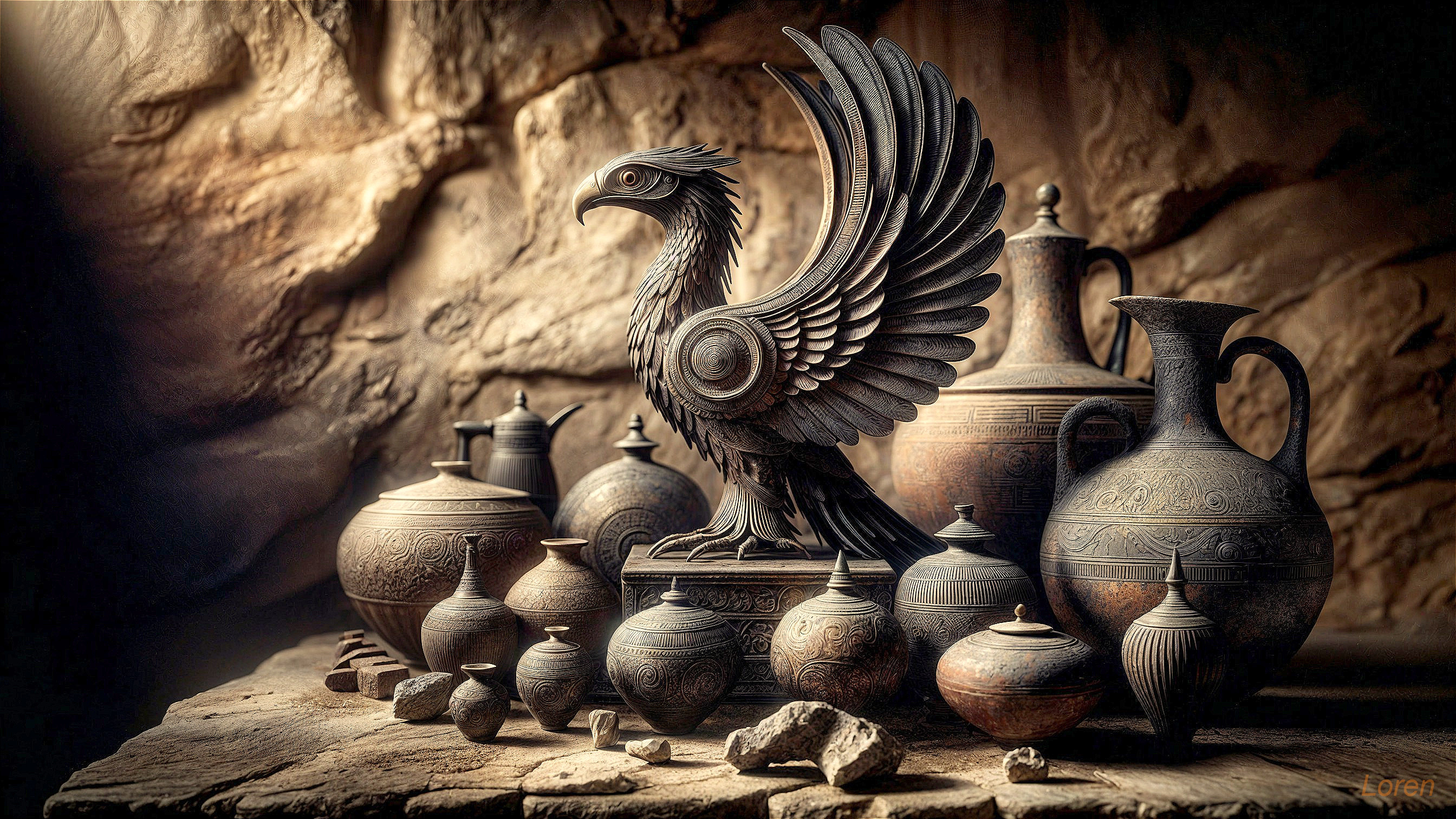 Intricate Pottery and Metal Sculpture Displayed Together