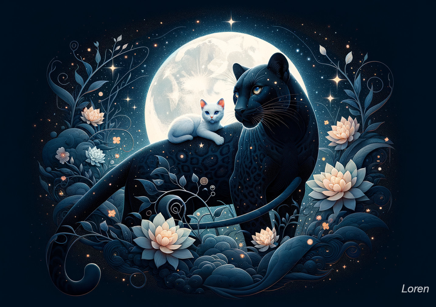 Black Panther and Cat Under Moonlit Lotus Scene